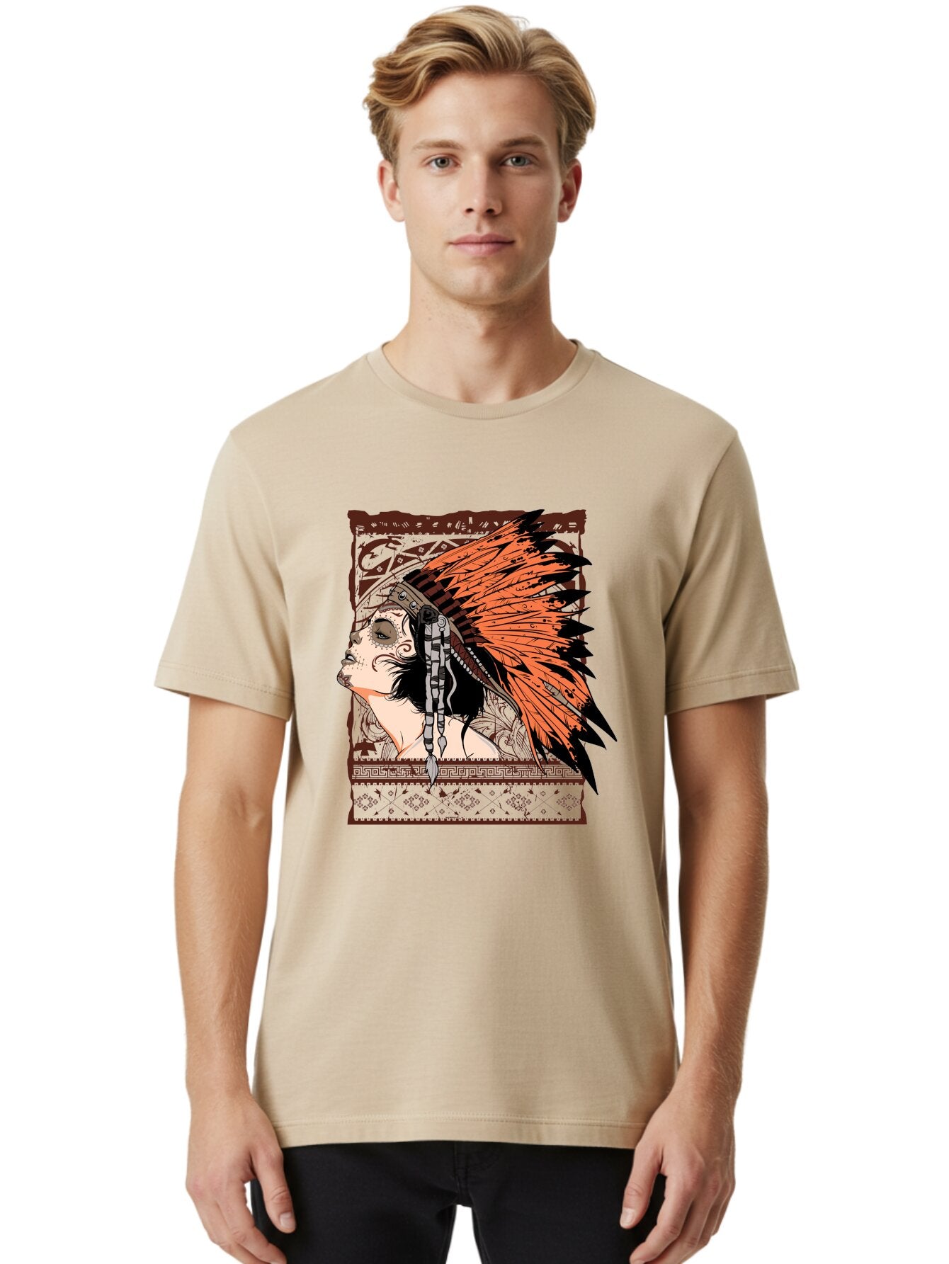 Wild Grace Men'S Graphic Tee, 100% Cotton, Comfortable Casual Summer Wear, Machine Washable, Native American Headdress, Tribal Art, Traditional Clothing, Ornate Details, Vintage Style, Folk Art, Cultural Heritage, Symbolic Expression, Aae844 23