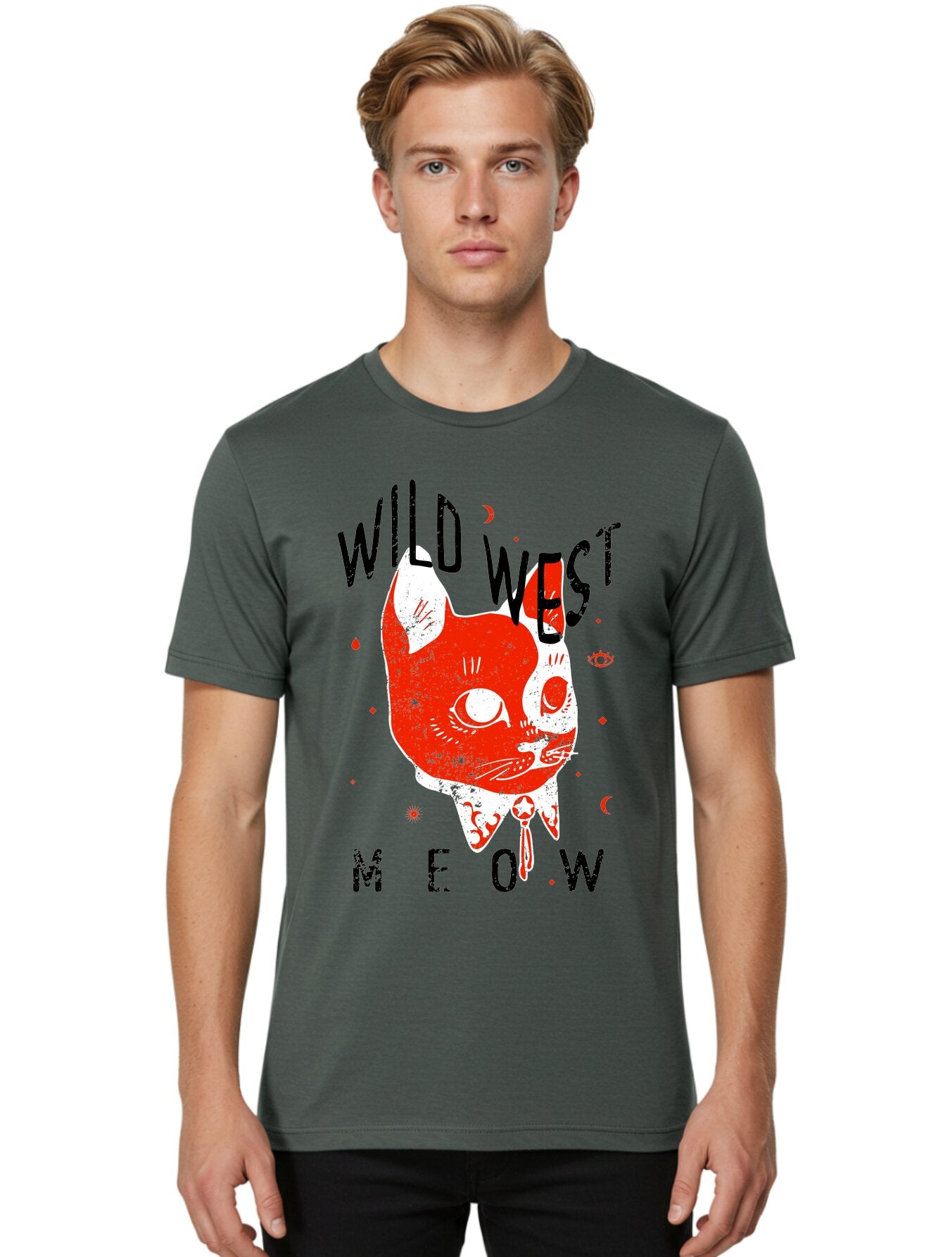 Wild West Cat Men'S Graphic Tee, 100% Cotton, Comfortable Casual Summer Wear, Machine Washable, Wild Cat, Whimsical Design, Western Theme, Playful Illustration, Feline Character, Abstract Art, Bold Typography, Creative Graphics, Quirky Style, Aae847 22