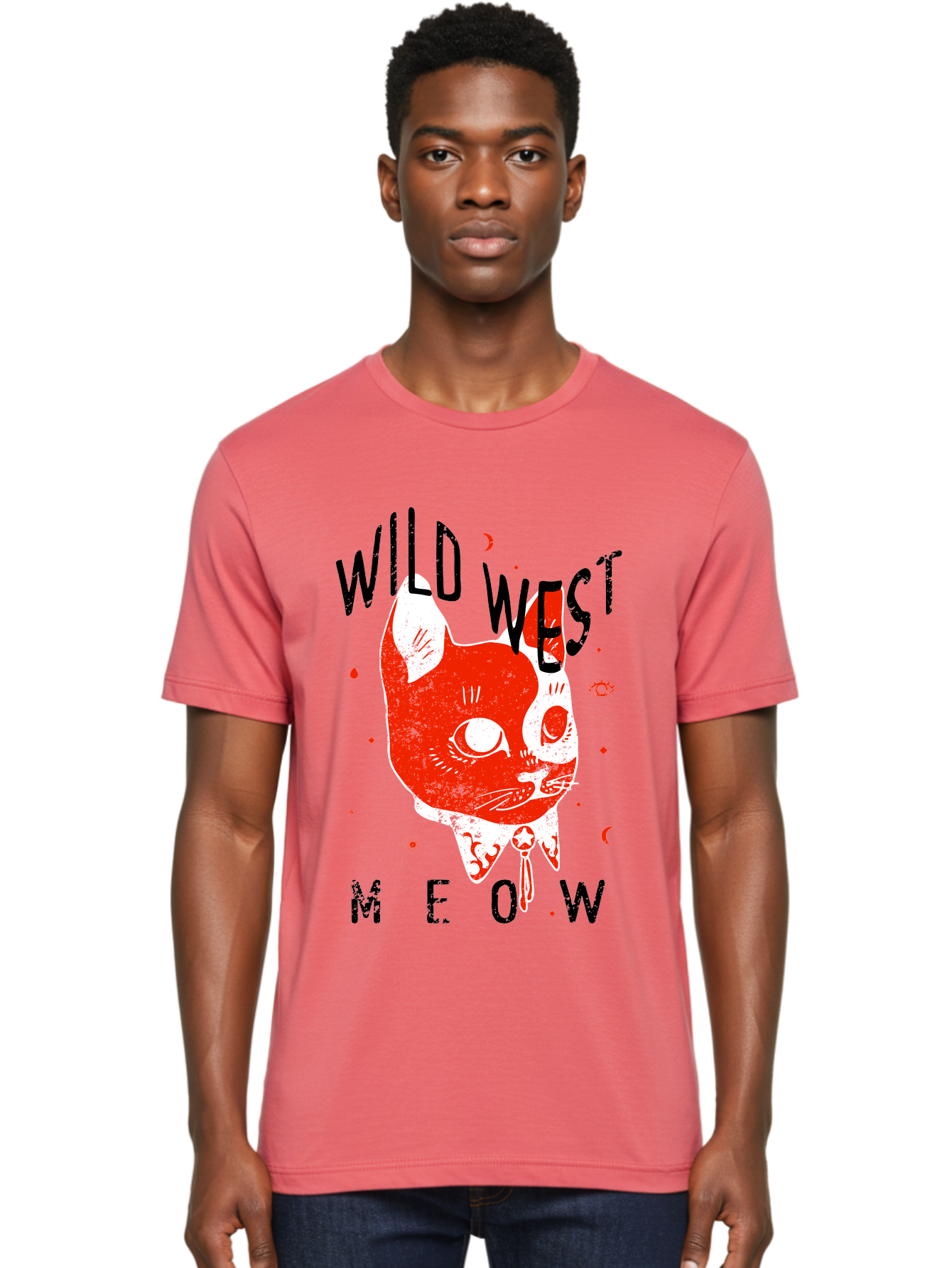 Wild West Cat Men'S Graphic Tee, 100% Cotton, Comfortable Casual Summer Wear, Machine Washable, Wild Cat, Whimsical Design, Western Theme, Playful Illustration, Feline Character, Abstract Art, Bold Typography, Creative Graphics, Quirky Style, Aae847