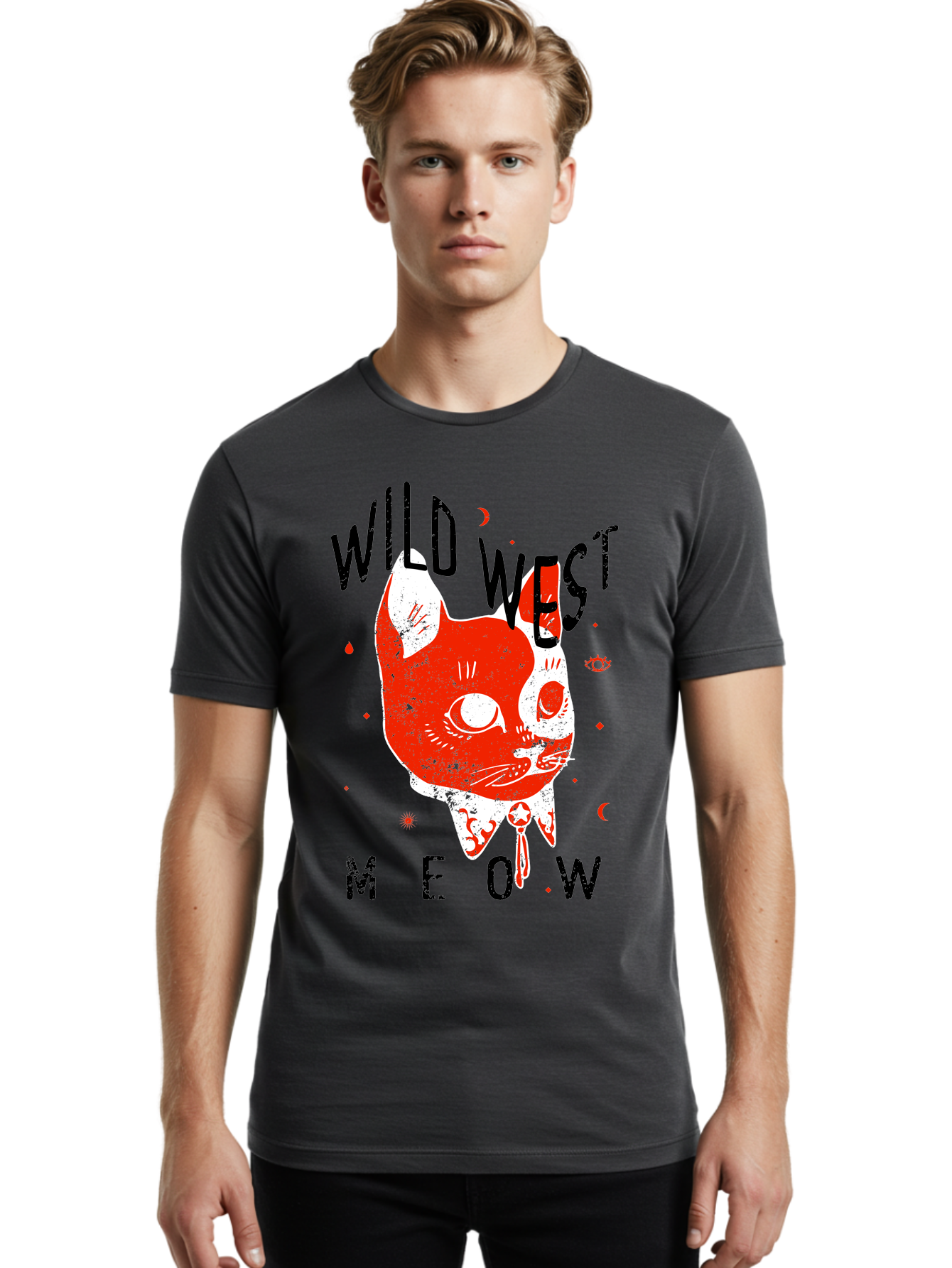 Wild West Cat Men'S Graphic Tee, 100% Cotton, Comfortable Casual Summer Wear, Machine Washable, Wild Cat, Whimsical Design, Western Theme, Playful Illustration, Feline Character, Abstract Art, Bold Typography, Creative Graphics, Quirky Style, Aae847 26