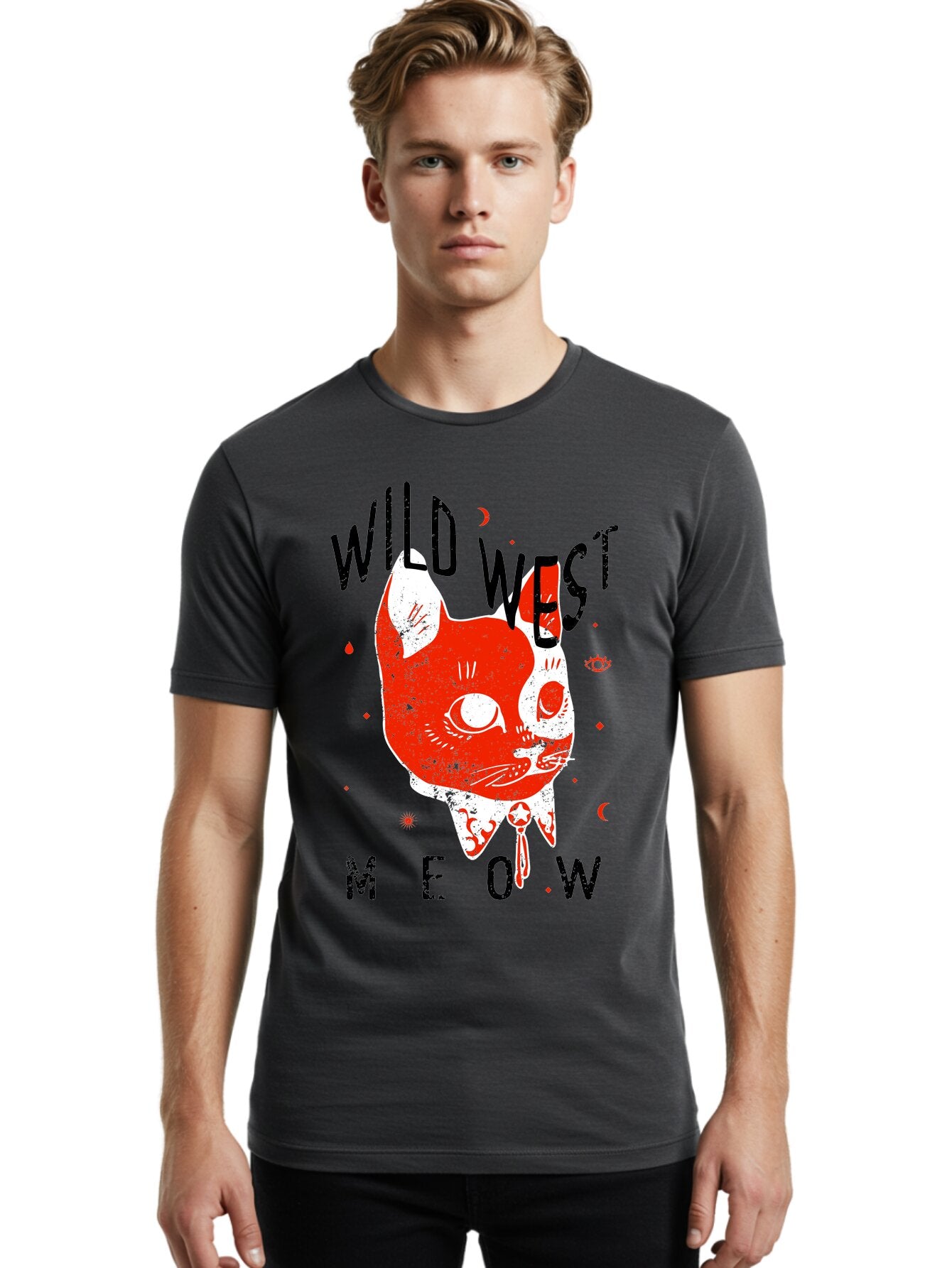 Wild West Cat Men'S Graphic Tee, 100% Cotton, Comfortable Casual Summer Wear, Machine Washable, Wild Cat, Whimsical Design, Western Theme, Playful Illustration, Feline Character, Abstract Art, Bold Typography, Creative Graphics, Quirky Style, Aae847 16