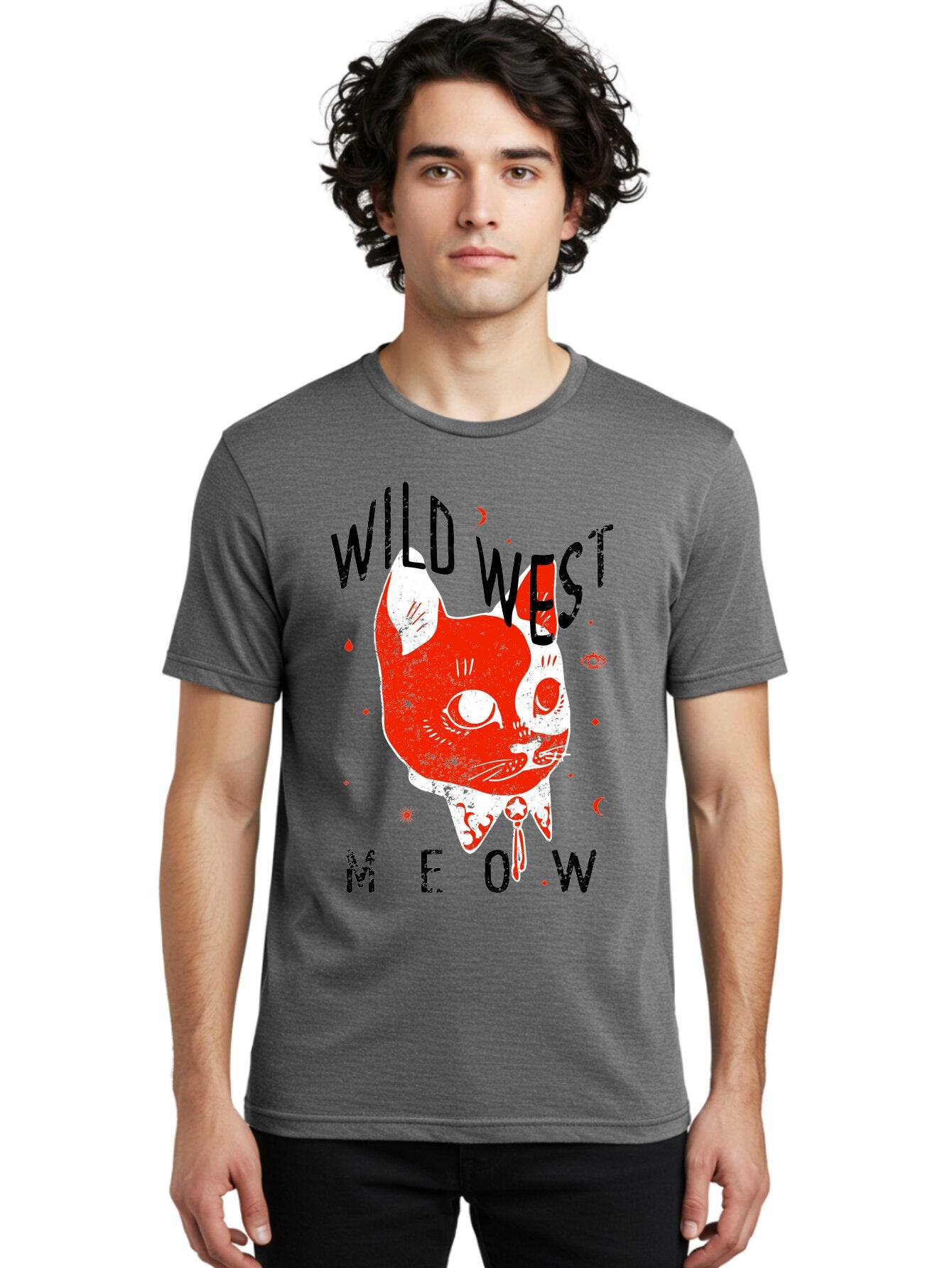 Wild West Cat Men'S Graphic Tee, 100% Cotton, Comfortable Casual Summer Wear, Machine Washable, Wild Cat, Whimsical Design, Western Theme, Playful Illustration, Feline Character, Abstract Art, Bold Typography, Creative Graphics, Quirky Style, Aae847 28