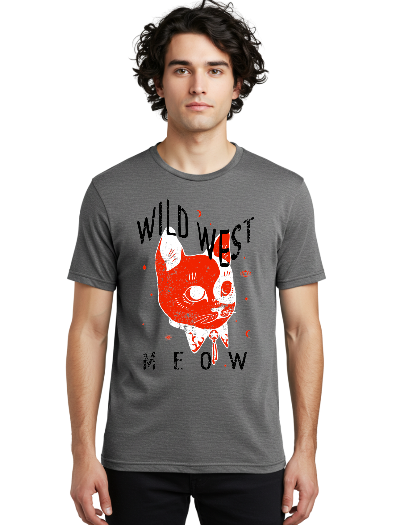 Wild West Cat Men'S Graphic Tee, 100% Cotton, Comfortable Casual Summer Wear, Machine Washable, Wild Cat, Whimsical Design, Western Theme, Playful Illustration, Feline Character, Abstract Art, Bold Typography, Creative Graphics, Quirky Style, Aae847 6
