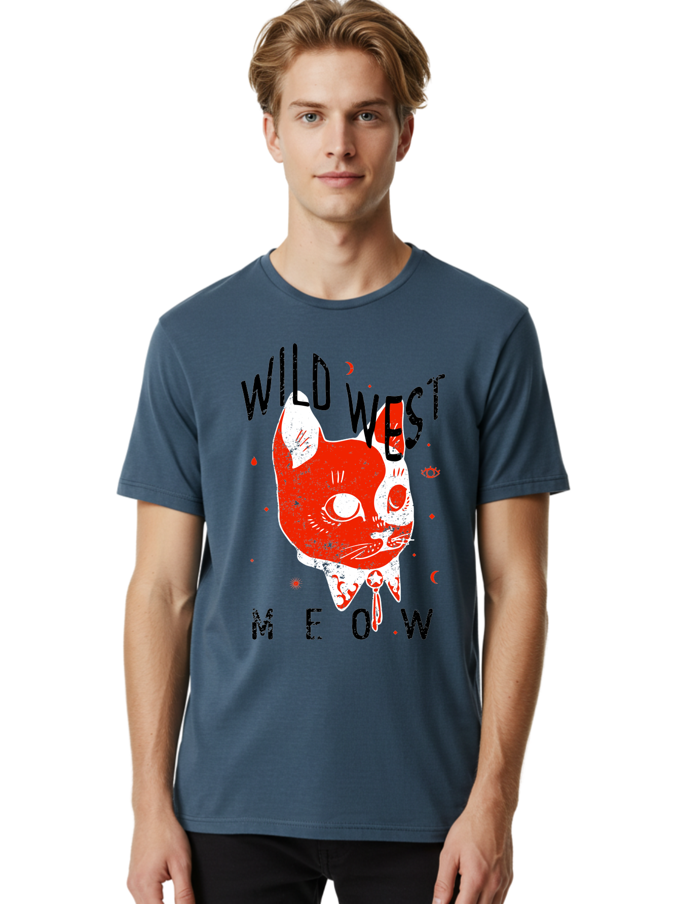 Wild West Cat Men'S Graphic Tee, 100% Cotton, Comfortable Casual Summer Wear, Machine Washable, Wild Cat, Whimsical Design, Western Theme, Playful Illustration, Feline Character, Abstract Art, Bold Typography, Creative Graphics, Quirky Style, Aae847 24