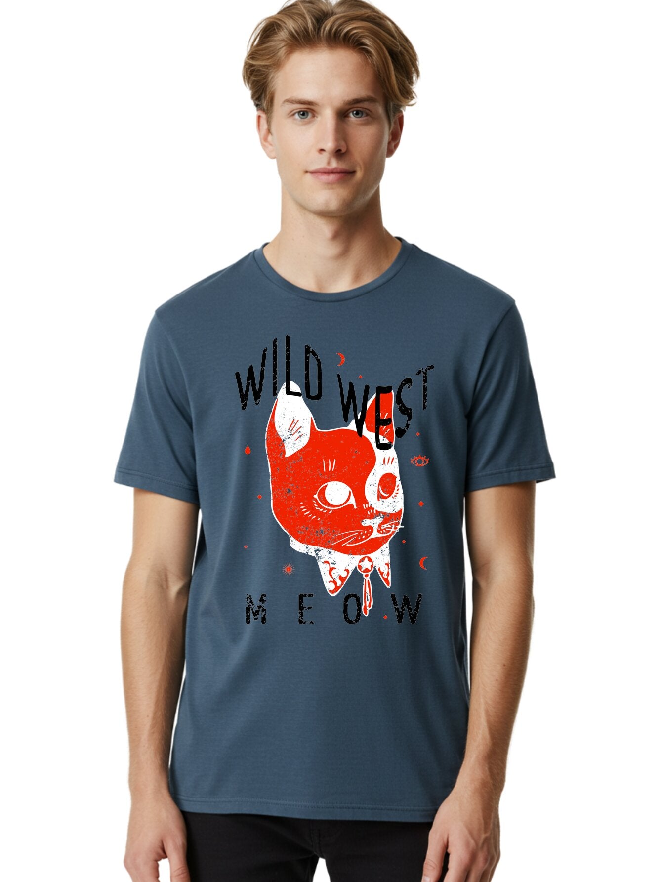 Wild West Cat Men'S Graphic Tee, 100% Cotton, Comfortable Casual Summer Wear, Machine Washable, Wild Cat, Whimsical Design, Western Theme, Playful Illustration, Feline Character, Abstract Art, Bold Typography, Creative Graphics, Quirky Style, Aae847 18