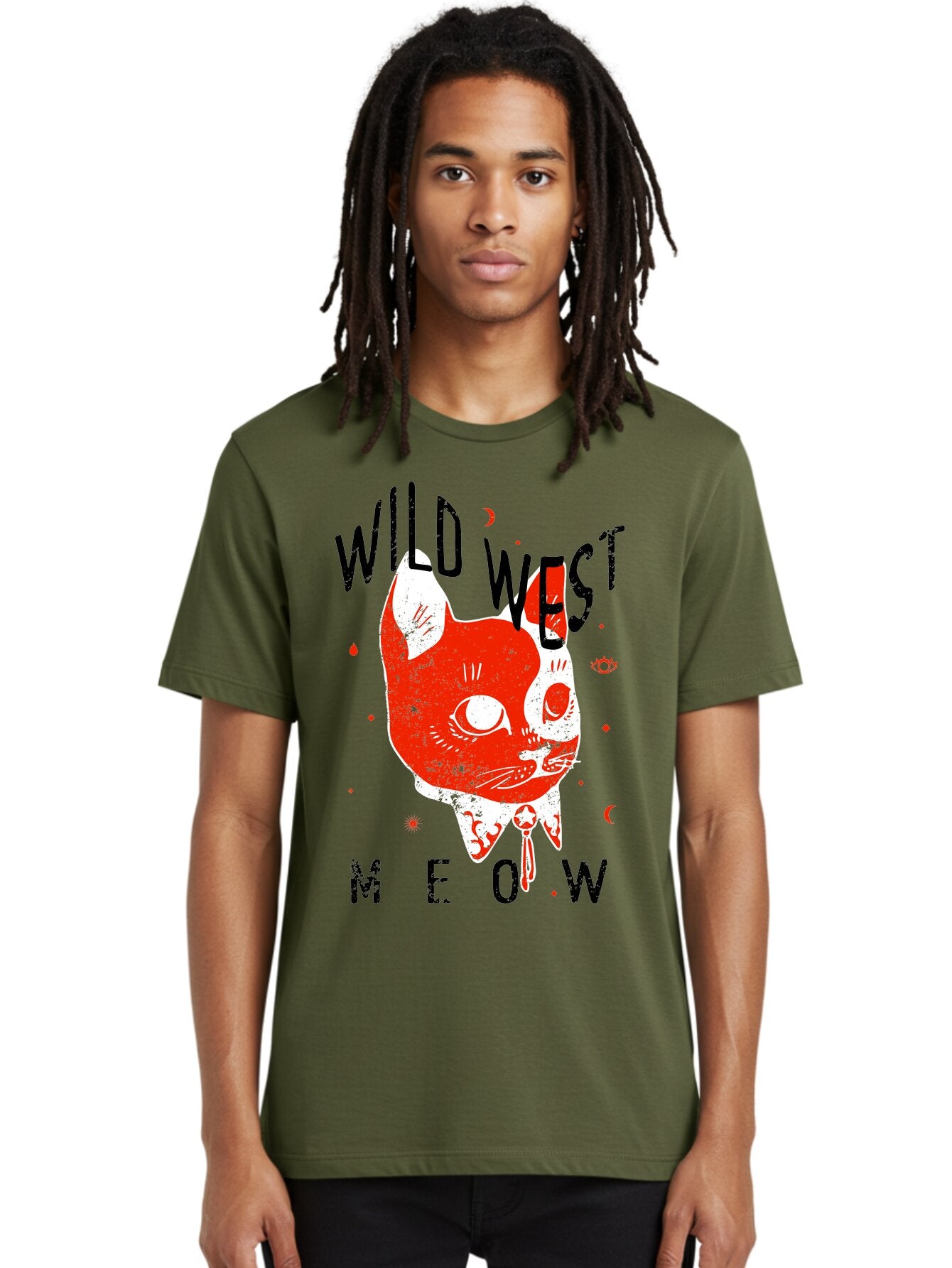 Wild West Cat Men'S Graphic Tee, 100% Cotton, Comfortable Casual Summer Wear, Machine Washable, Wild Cat, Whimsical Design, Western Theme, Playful Illustration, Feline Character, Abstract Art, Bold Typography, Creative Graphics, Quirky Style, Aae847 23