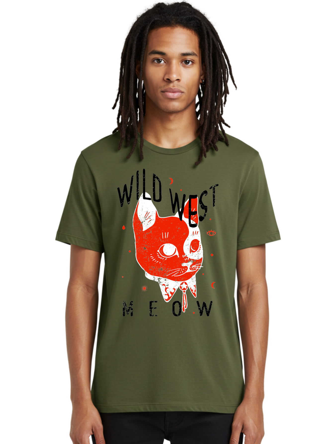 Wild West Cat Men'S Graphic Tee, 100% Cotton, Comfortable Casual Summer Wear, Machine Washable, Wild Cat, Whimsical Design, Western Theme, Playful Illustration, Feline Character, Abstract Art, Bold Typography, Creative Graphics, Quirky Style, Aae847 16