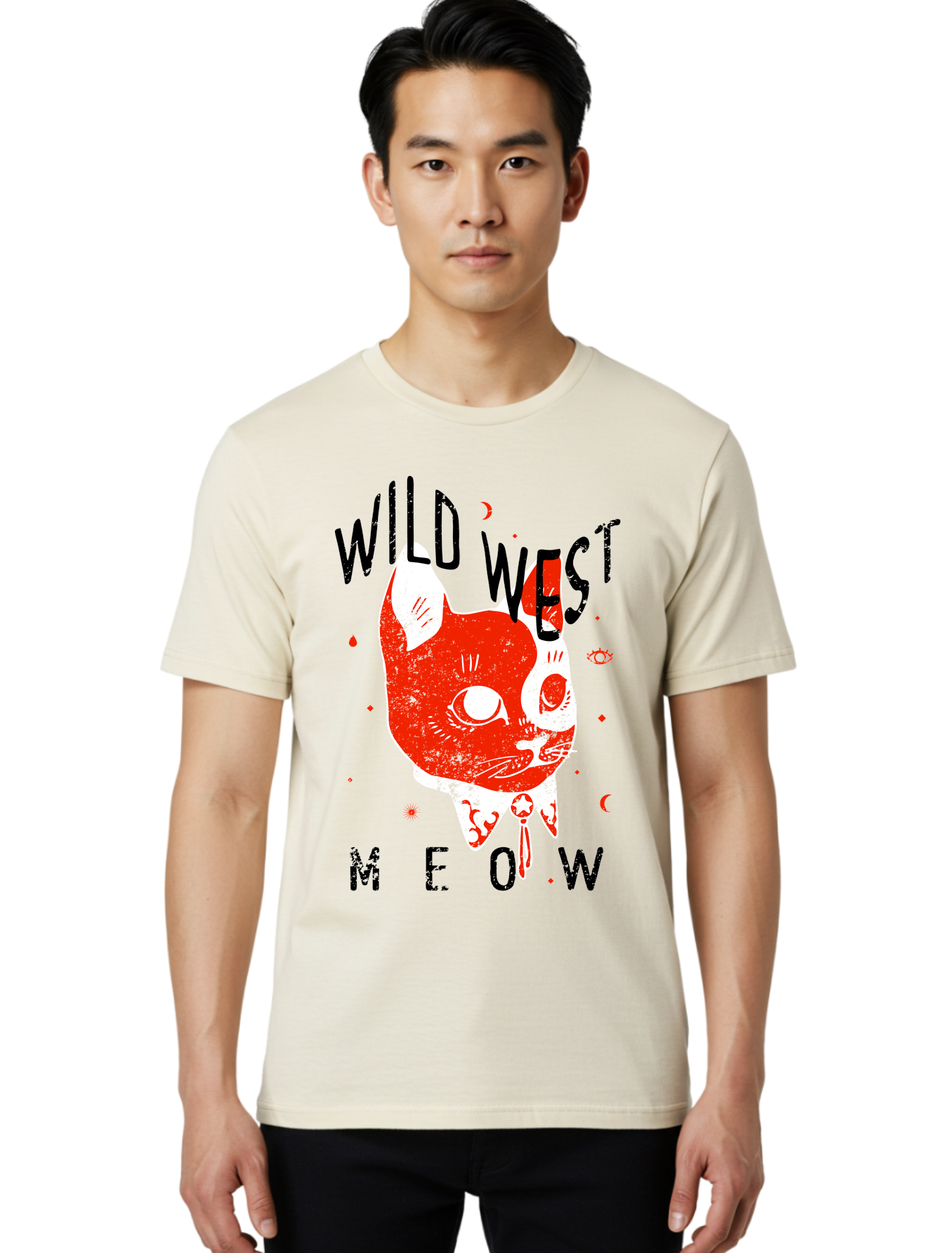 Wild West Cat Men'S Graphic Tee, 100% Cotton, Comfortable Casual Summer Wear, Machine Washable, Wild Cat, Whimsical Design, Western Theme, Playful Illustration, Feline Character, Abstract Art, Bold Typography, Creative Graphics, Quirky Style, Aae847 4