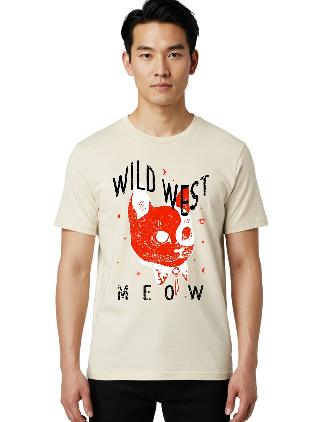 Wild West Cat Men'S Graphic Tee, 100% Cotton, Comfortable Casual Summer Wear, Machine Washable, Wild Cat, Whimsical Design, Western Theme, Playful Illustration, Feline Character, Abstract Art, Bold Typography, Creative Graphics, Quirky Style, Aae847 29