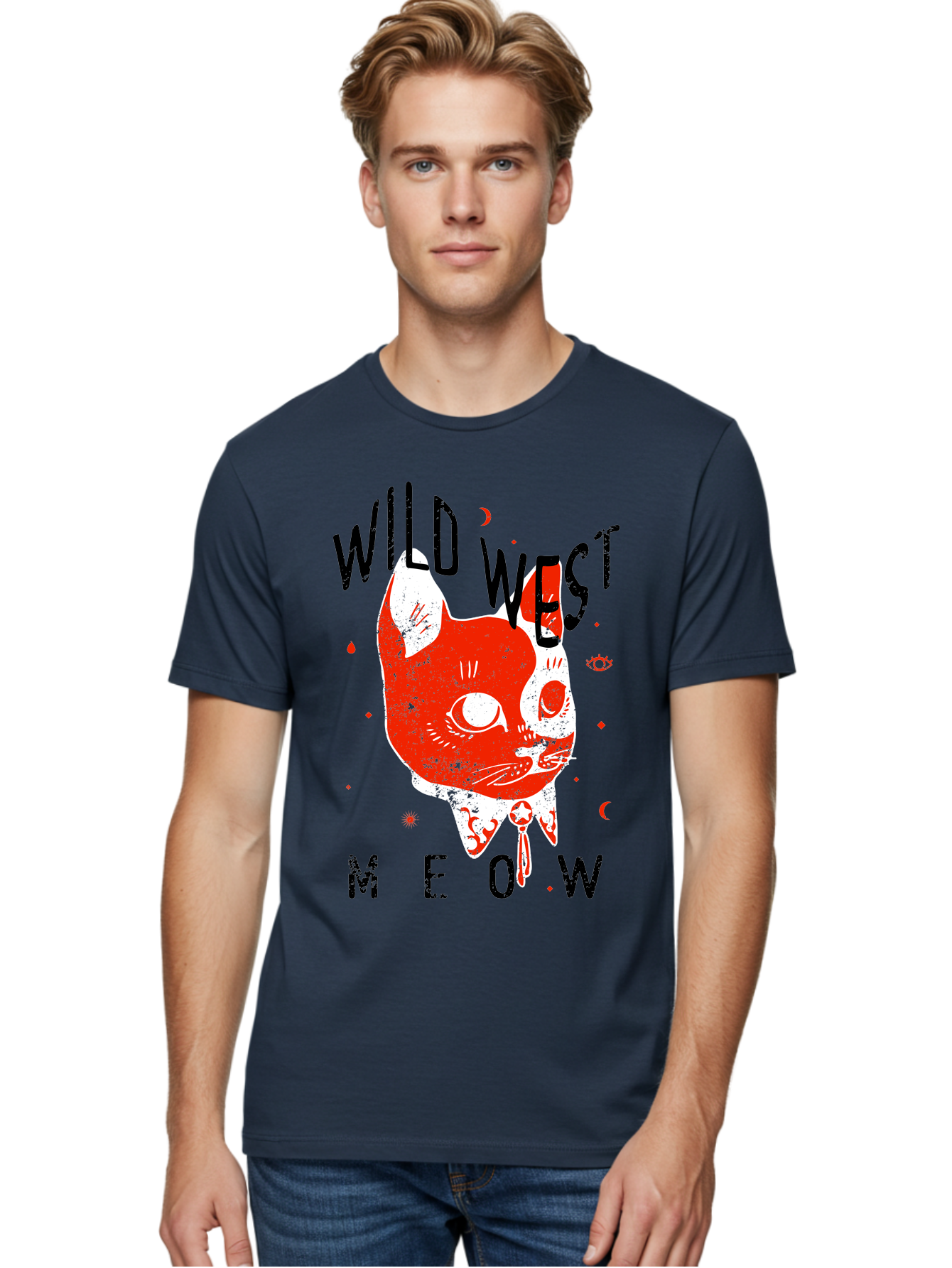 Wild West Cat Men'S Graphic Tee, 100% Cotton, Comfortable Casual Summer Wear, Machine Washable, Wild Cat, Whimsical Design, Western Theme, Playful Illustration, Feline Character, Abstract Art, Bold Typography, Creative Graphics, Quirky Style, Aae847 10