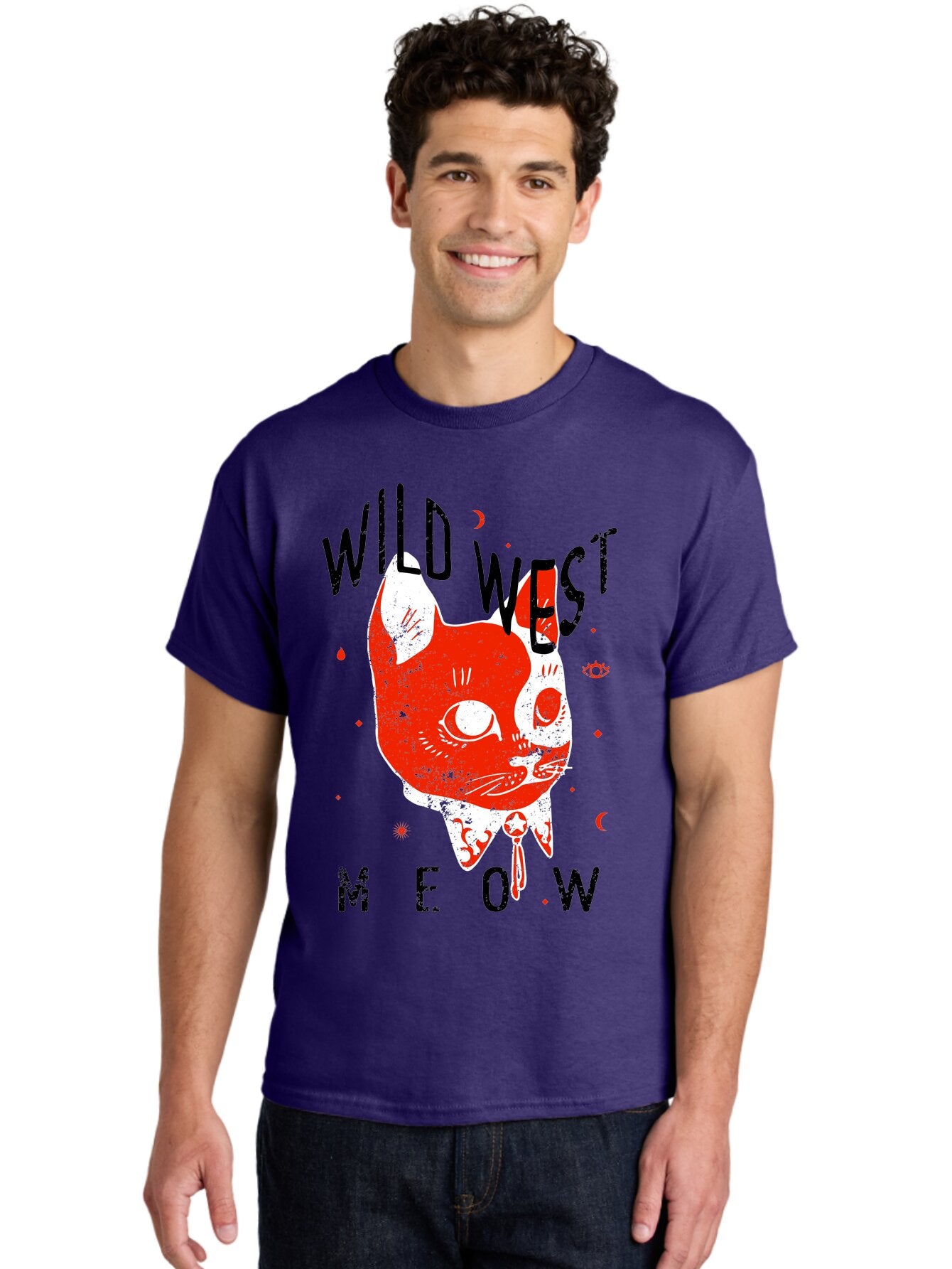 Wild West Cat Men'S Graphic Tee, 100% Cotton, Comfortable Casual Summer Wear, Machine Washable, Wild Cat, Whimsical Design, Western Theme, Playful Illustration, Feline Character, Abstract Art, Bold Typography, Creative Graphics, Quirky Style, Aae847 21