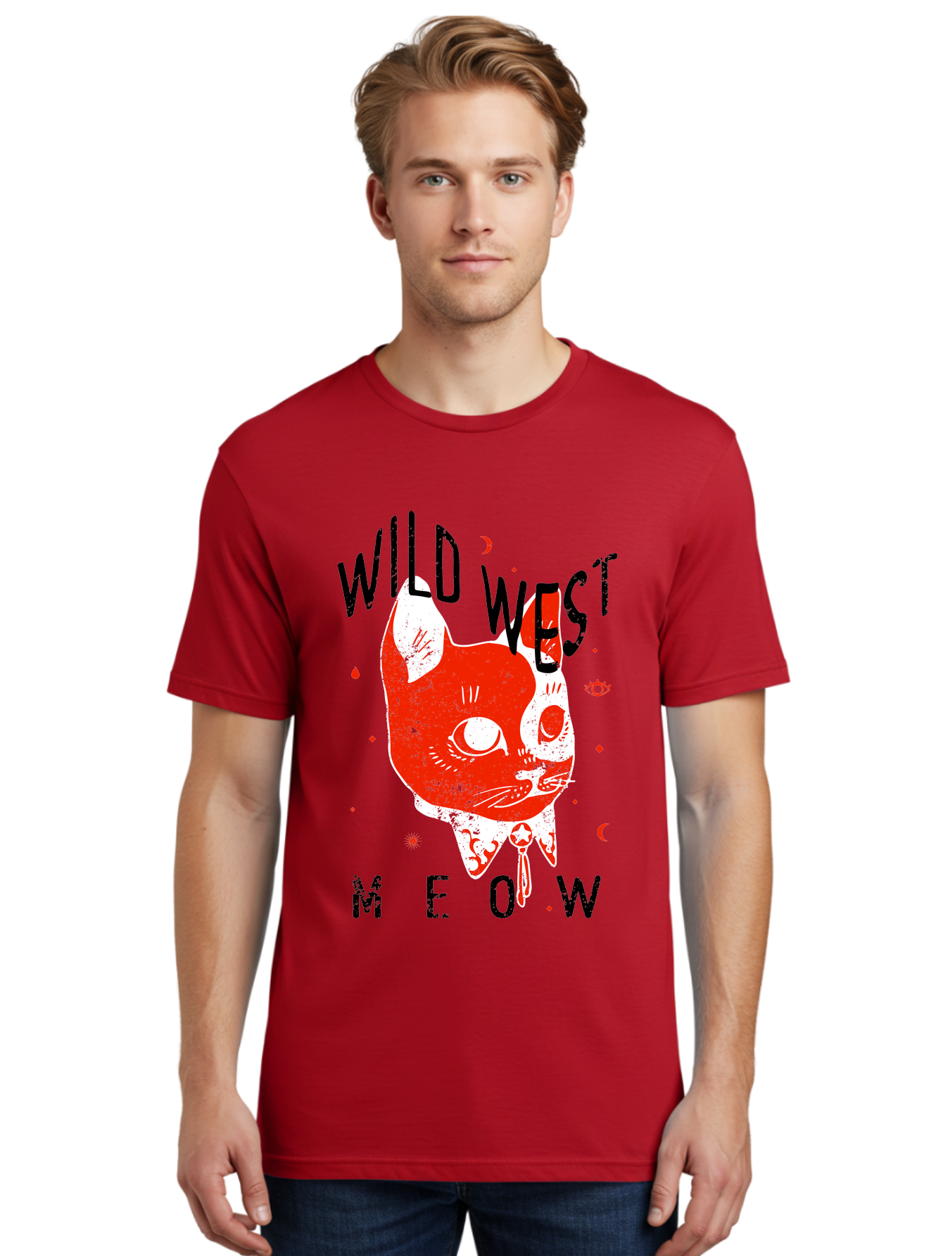 Wild West Cat Men'S Graphic Tee, 100% Cotton, Comfortable Casual Summer Wear, Machine Washable, Wild Cat, Whimsical Design, Western Theme, Playful Illustration, Feline Character, Abstract Art, Bold Typography, Creative Graphics, Quirky Style, Aae847 12