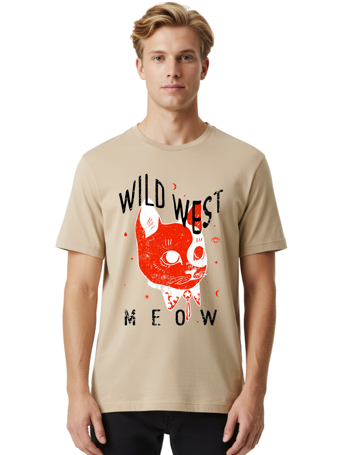 Wild West Cat Men'S Graphic Tee, 100% Cotton, Comfortable Casual Summer Wear, Machine Washable, Wild Cat, Whimsical Design, Western Theme, Playful Illustration, Feline Character, Abstract Art, Bold Typography, Creative Graphics, Quirky Style, Aae847 22