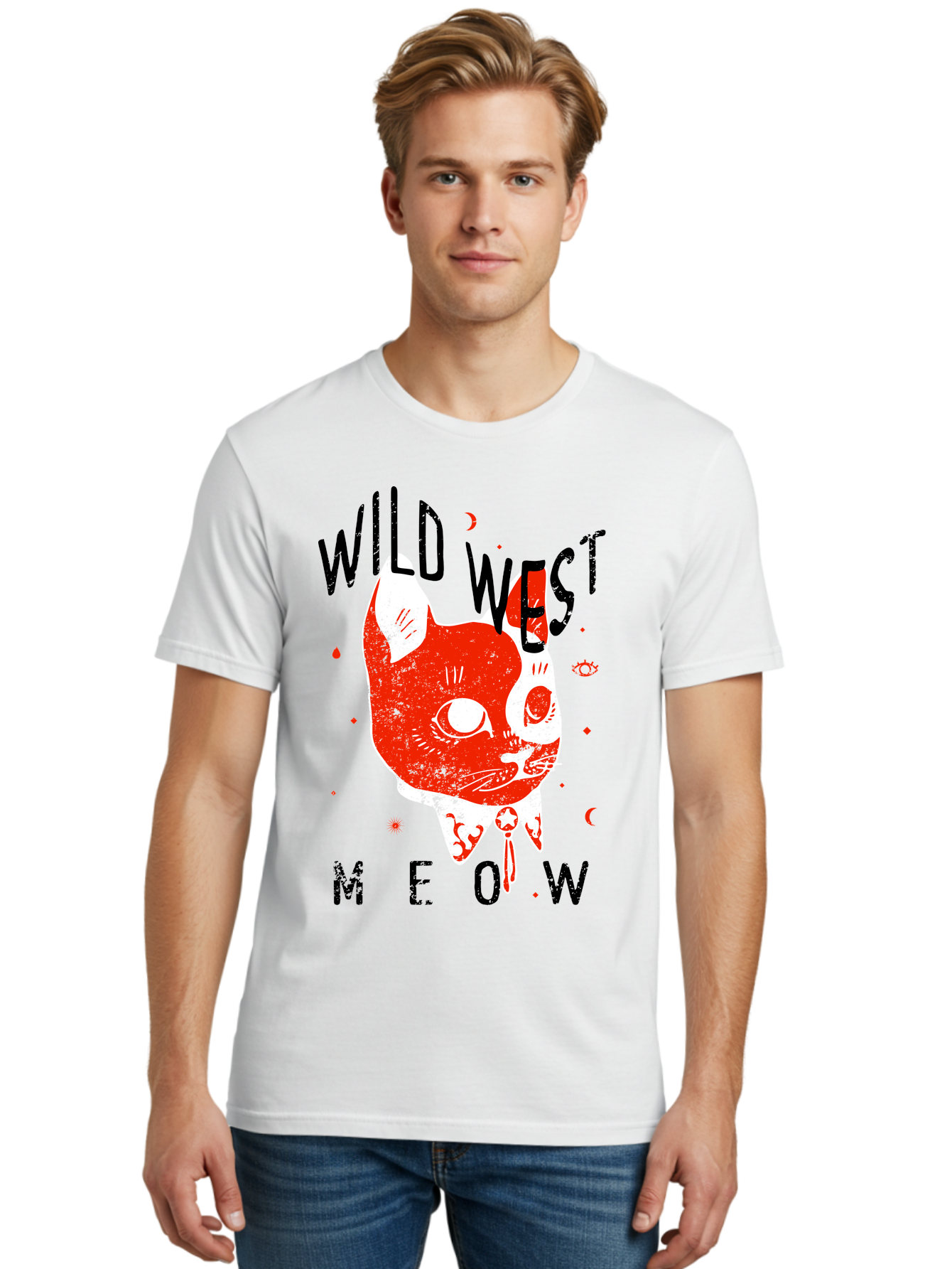 Wild West Cat Men'S Graphic Tee, 100% Cotton, Comfortable Casual Summer Wear, Machine Washable, Wild Cat, Whimsical Design, Western Theme, Playful Illustration, Feline Character, Abstract Art, Bold Typography, Creative Graphics, Quirky Style, Aae847 30