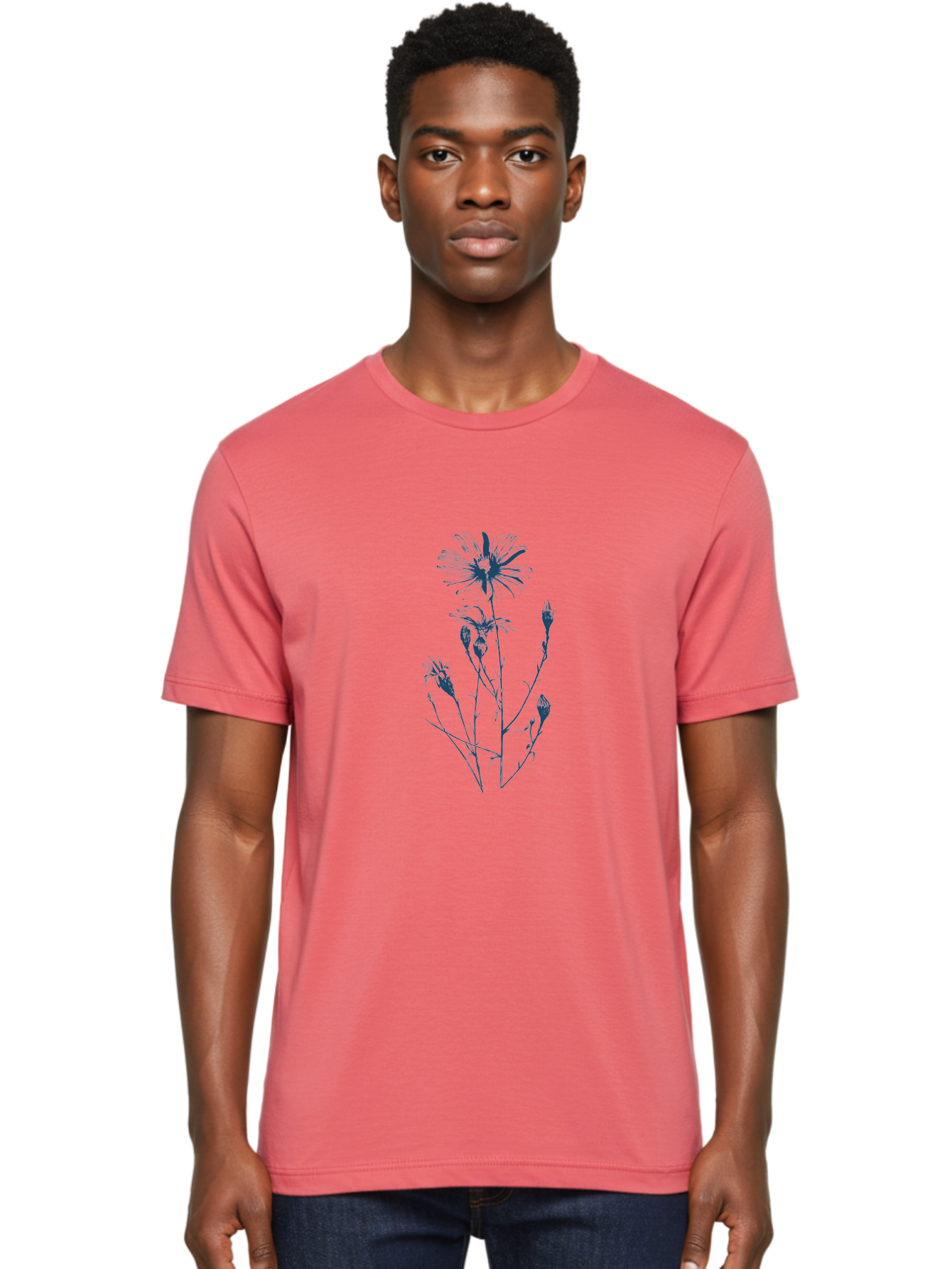 Wild-Flower Men'S Graphic Tee, 100% Cotton, Comfortable Casual Summer Wear, Machine Washable, Hand-Drawn Flower, Minimalist Design, Blue Flower, Simple Art, Botanical Illustration, Natural Elements, Flower Sketch Aae848 24