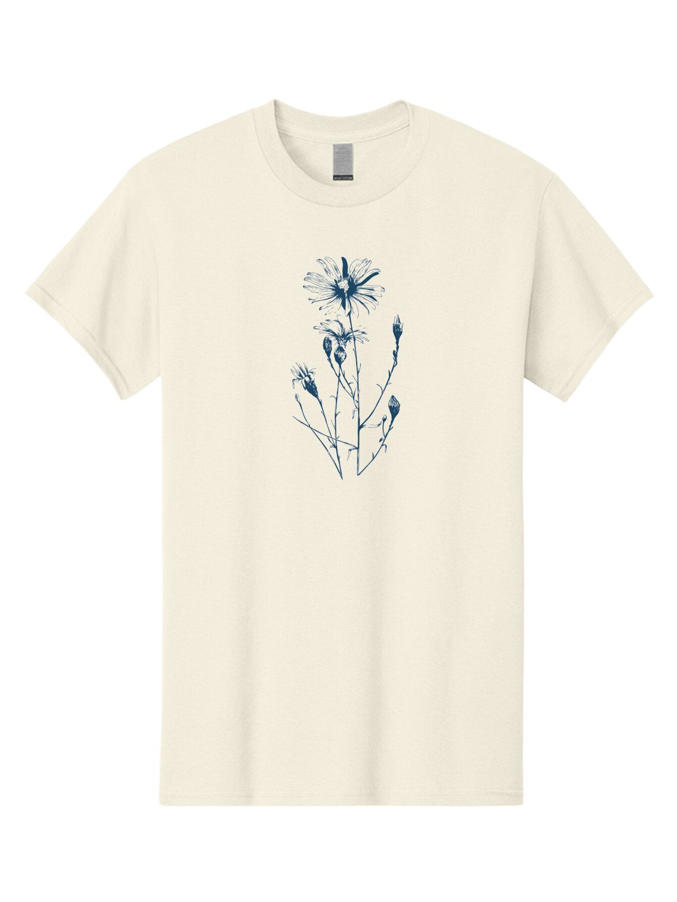 Wild-Flower Men'S Graphic Tee, 100% Cotton, Comfortable Casual Summer Wear, Machine Washable, Hand-Drawn Flower, Minimalist Design, Blue Flower, Simple Art, Botanical Illustration, Natural Elements, Flower Sketch Aae848