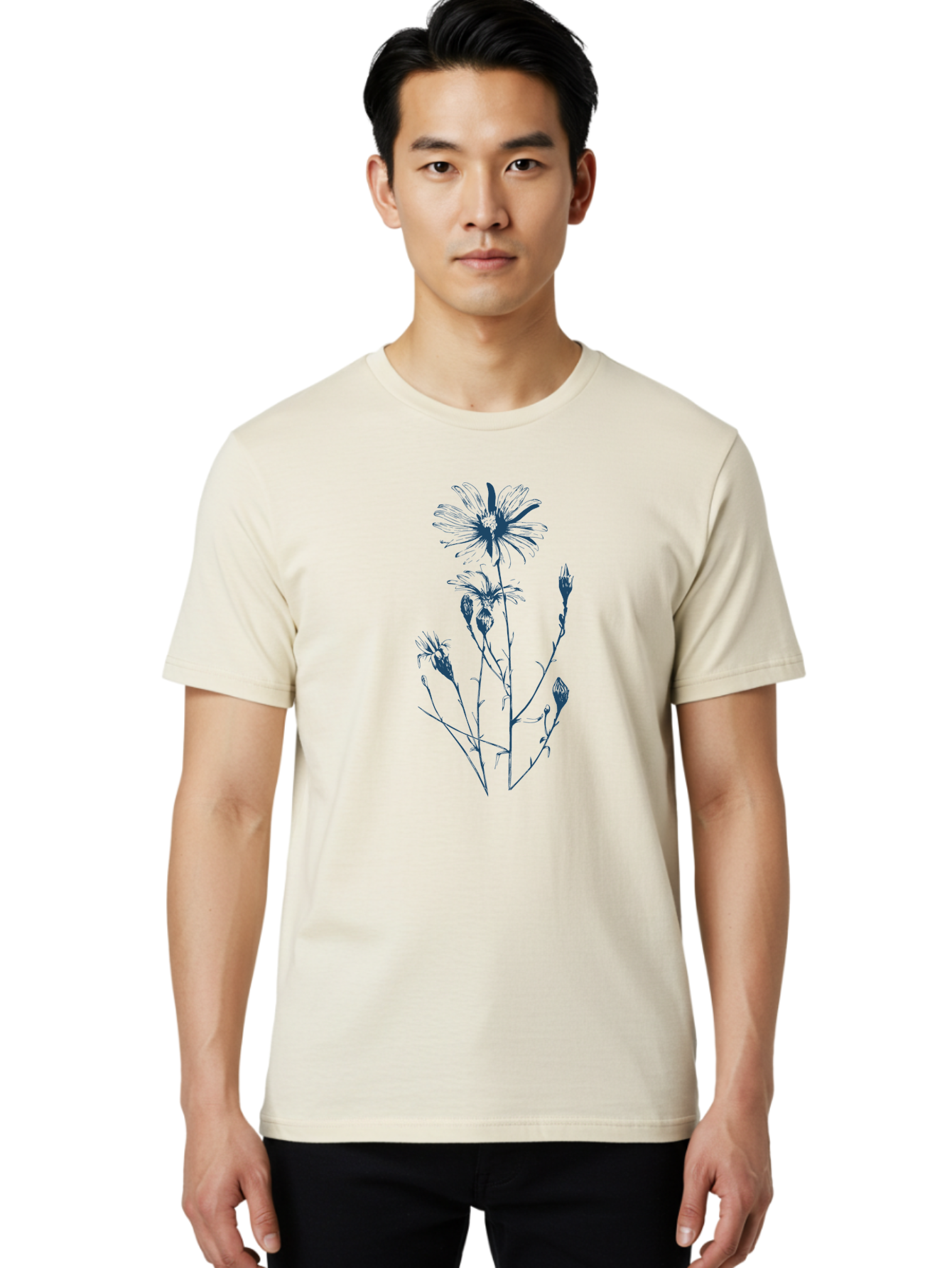 Wild-Flower Men'S Graphic Tee, 100% Cotton, Comfortable Casual Summer Wear, Machine Washable, Hand-Drawn Flower, Minimalist Design, Blue Flower, Simple Art, Botanical Illustration, Natural Elements, Flower Sketch Aae848 22