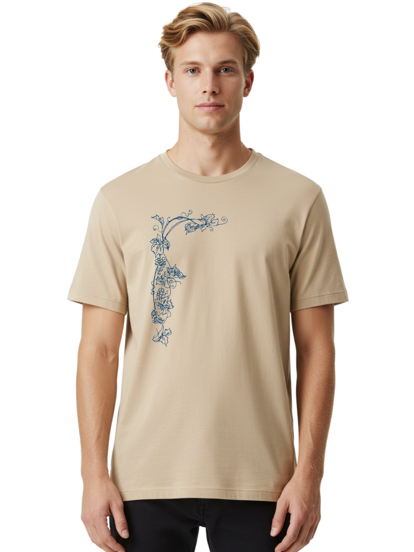 Wine Flower Men'S Graphic Tee, 100% Cotton, Comfortable Casual Summer Wear, Machine Washable, Grapevine Illustration, Vintage Floral Design, Elegant Vine Pattern, Leaves And Grapes, Classic Artwork, Ornate Details, Decorative Element, Aae853 12