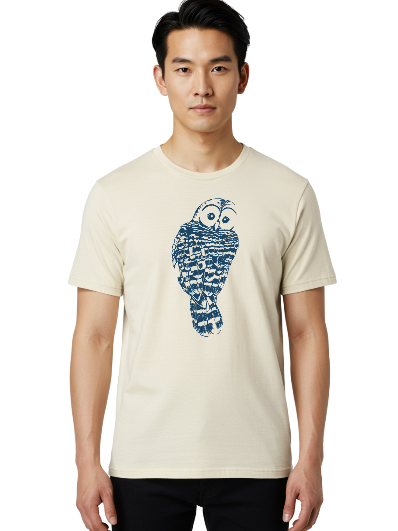 Wise Woodland Owl Men'S Graphic Tee, 100% Cotton, Comfortable Casual Summer Wear, Machine Washable, Owl Illustration, Nocturnal Bird, Wise Animal, Big Eyes, Feathers Texture, Abstract Art, Blue And Green Tones, Symbolic Creature, Aae856 14
