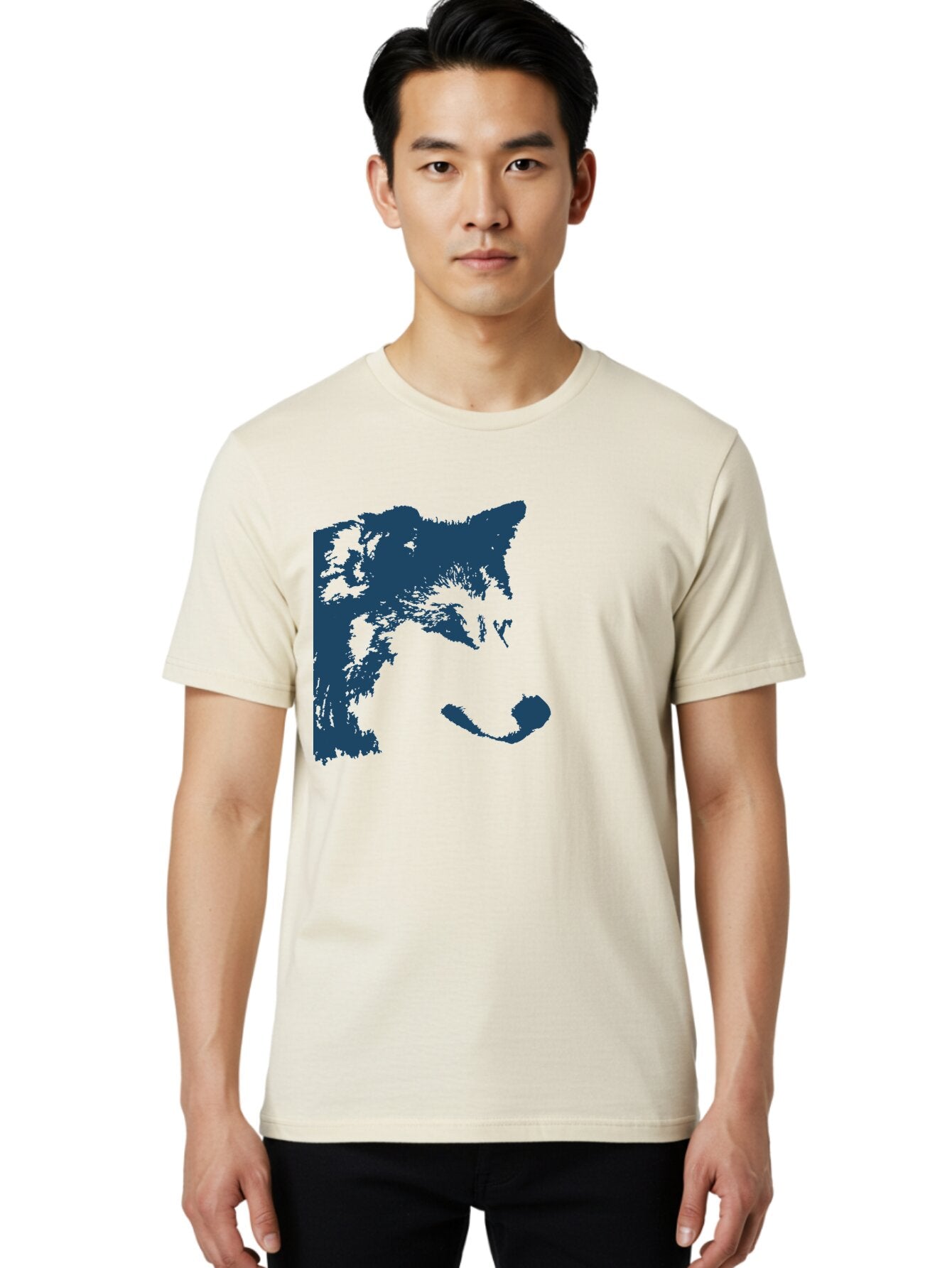 Wolf Men'S Graphic Tee, 100% Cotton, Comfortable Casual Summer Wear, Machine Washable, Wolf Face, Wildlife Animal, Dark Blue Silhouette, Sharp Features, Mysterious Gaze, Bold Graphic Design, Animal Portrait, Abstract Art Aae859 30