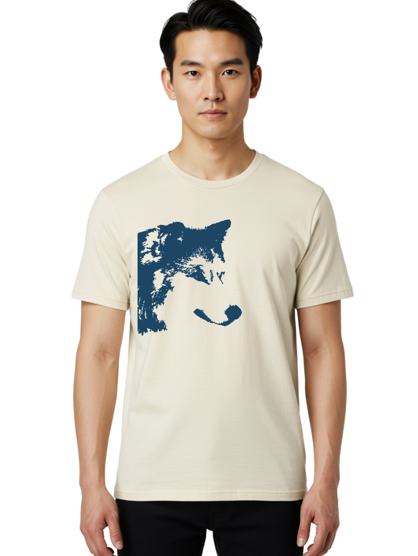 Wolf Men'S Graphic Tee, 100% Cotton, Comfortable Casual Summer Wear, Machine Washable, Wolf Face, Wildlife Animal, Dark Blue Silhouette, Sharp Features, Mysterious Gaze, Bold Graphic Design, Animal Portrait, Abstract Art Aae859