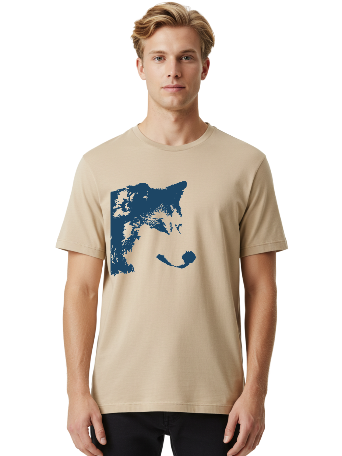 Wolf Men'S Graphic Tee, 100% Cotton, Comfortable Casual Summer Wear, Machine Washable, Wolf Face, Wildlife Animal, Dark Blue Silhouette, Sharp Features, Mysterious Gaze, Bold Graphic Design, Animal Portrait, Abstract Art Aae859 6
