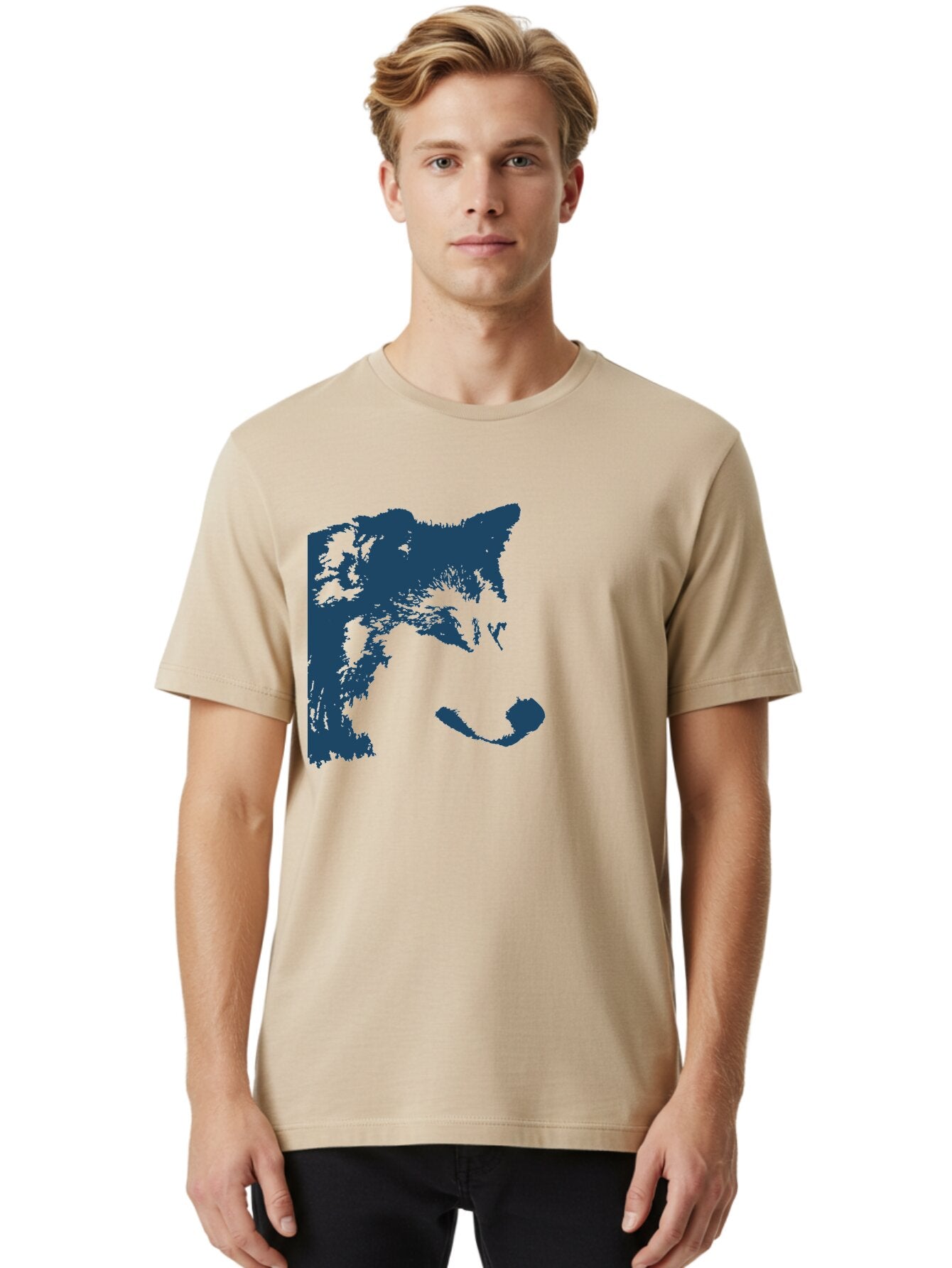 Wolf Men'S Graphic Tee, 100% Cotton, Comfortable Casual Summer Wear, Machine Washable, Wolf Face, Wildlife Animal, Dark Blue Silhouette, Sharp Features, Mysterious Gaze, Bold Graphic Design, Animal Portrait, Abstract Art Aae859 28