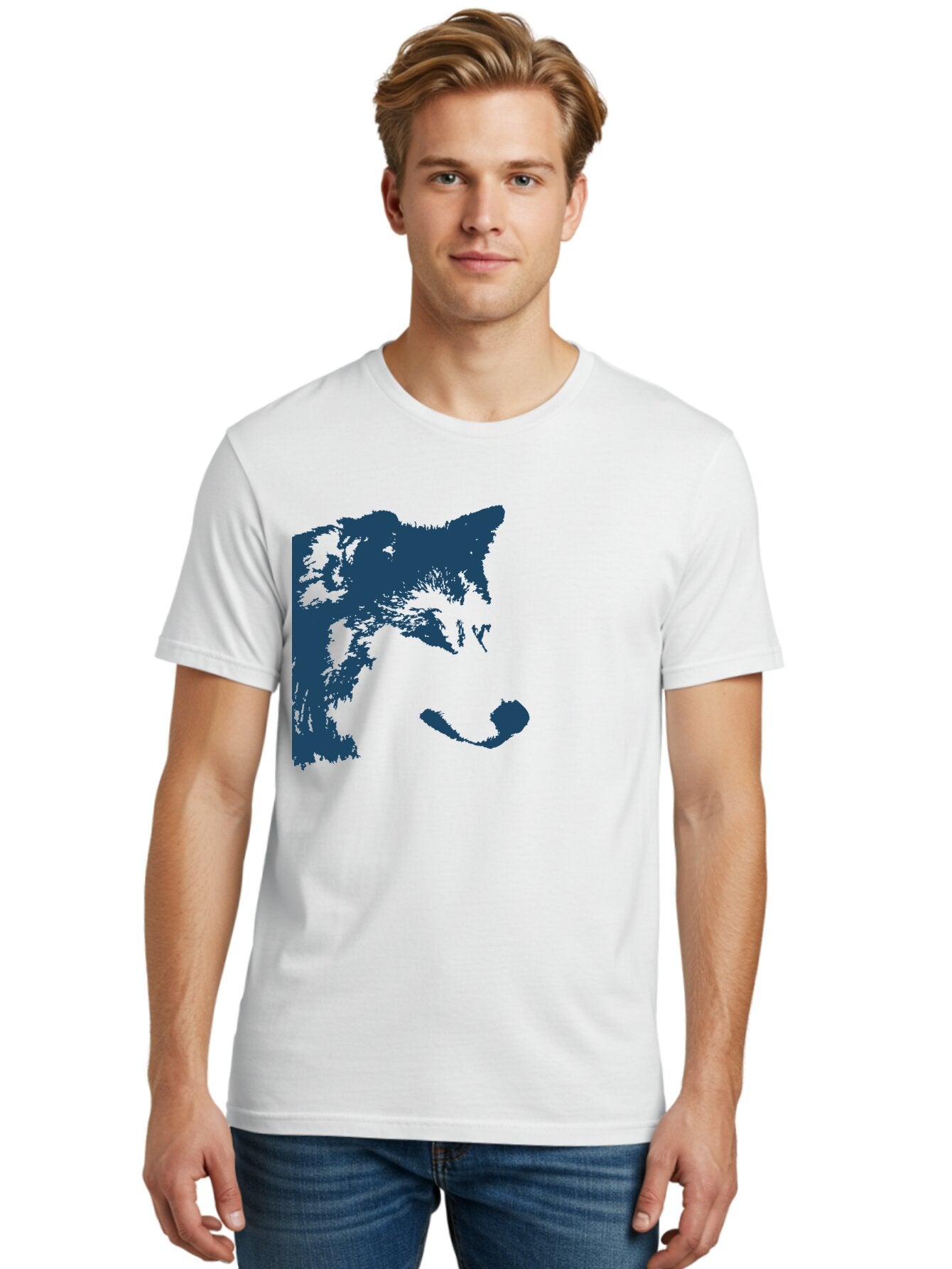 Wolf Men'S Graphic Tee, 100% Cotton, Comfortable Casual Summer Wear, Machine Washable, Wolf Face, Wildlife Animal, Dark Blue Silhouette, Sharp Features, Mysterious Gaze, Bold Graphic Design, Animal Portrait, Abstract Art Aae859 23