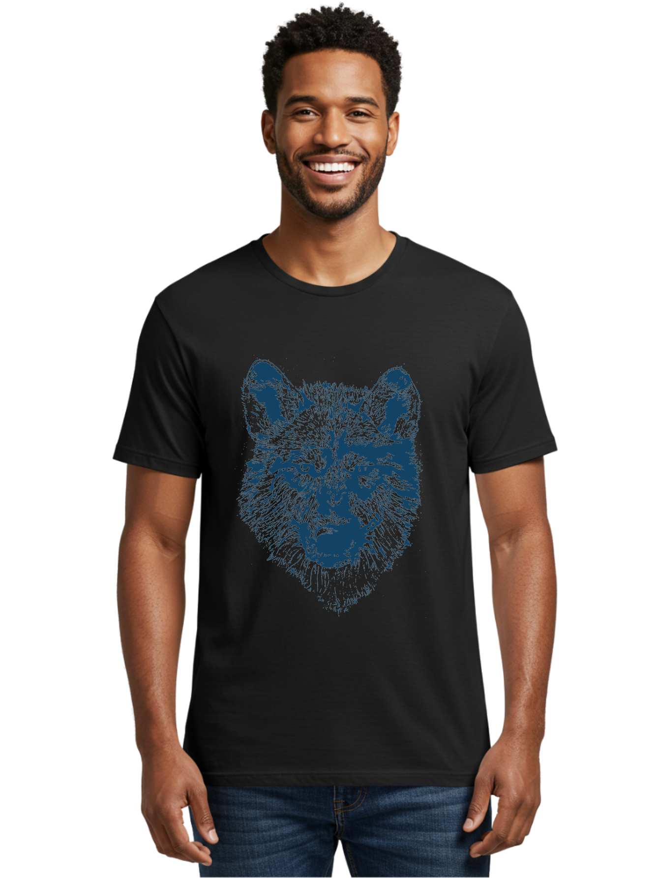 Wolf-Head Men'S Graphic Tee, 100% Cotton, Comfortable Casual Summer Wear, Machine Washable, Wolf Head Illustration, Wildlife Art, Wild Animal Portrait, Sketch Style, Detailed Fur Texture, Intense Gaze, Blue And Green Tones, Graphic Design, Aae860 20