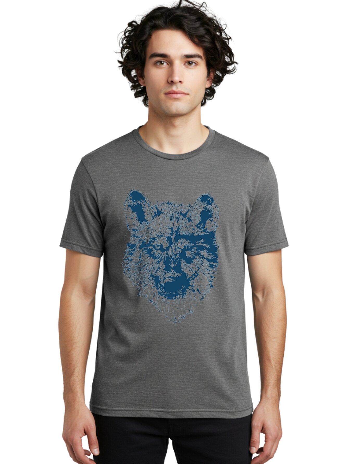 Wolf-Head Men'S Graphic Tee, 100% Cotton, Comfortable Casual Summer Wear, Machine Washable, Wolf Head Illustration, Wildlife Art, Wild Animal Portrait, Sketch Style, Detailed Fur Texture, Intense Gaze, Blue And Green Tones, Graphic Design, Aae860 19