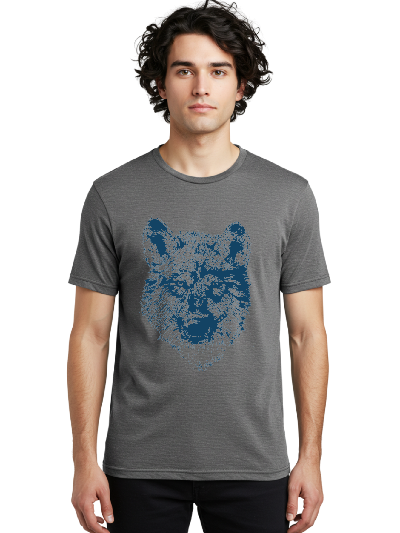 Wolf-Head Men'S Graphic Tee, 100% Cotton, Comfortable Casual Summer Wear, Machine Washable, Wolf Head Illustration, Wildlife Art, Wild Animal Portrait, Sketch Style, Detailed Fur Texture, Intense Gaze, Blue And Green Tones, Graphic Design, Aae860 22