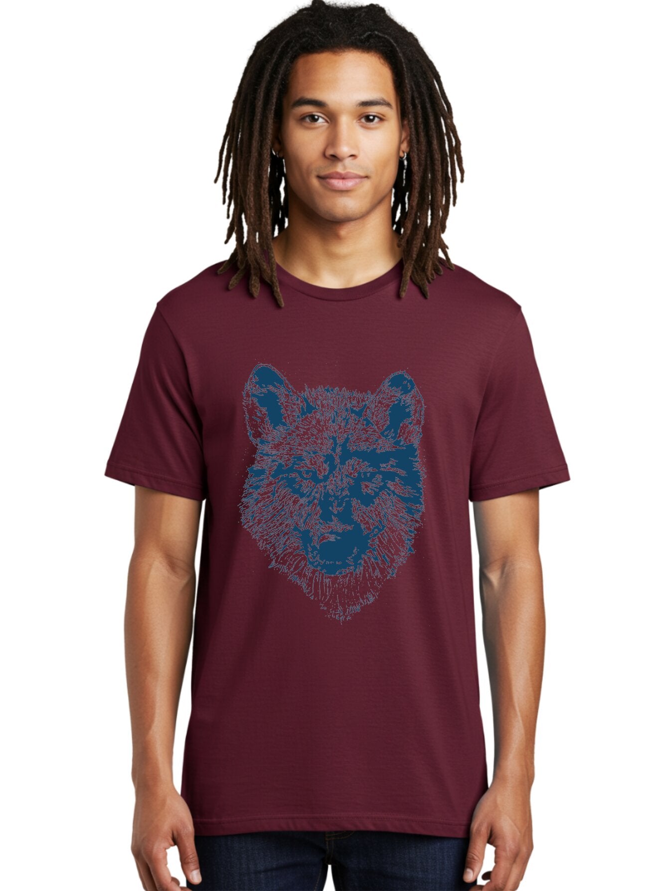 Wolf-Head Men'S Graphic Tee, 100% Cotton, Comfortable Casual Summer Wear, Machine Washable, Wolf Head Illustration, Wildlife Art, Wild Animal Portrait, Sketch Style, Detailed Fur Texture, Intense Gaze, Blue And Green Tones, Graphic Design, Aae860 20