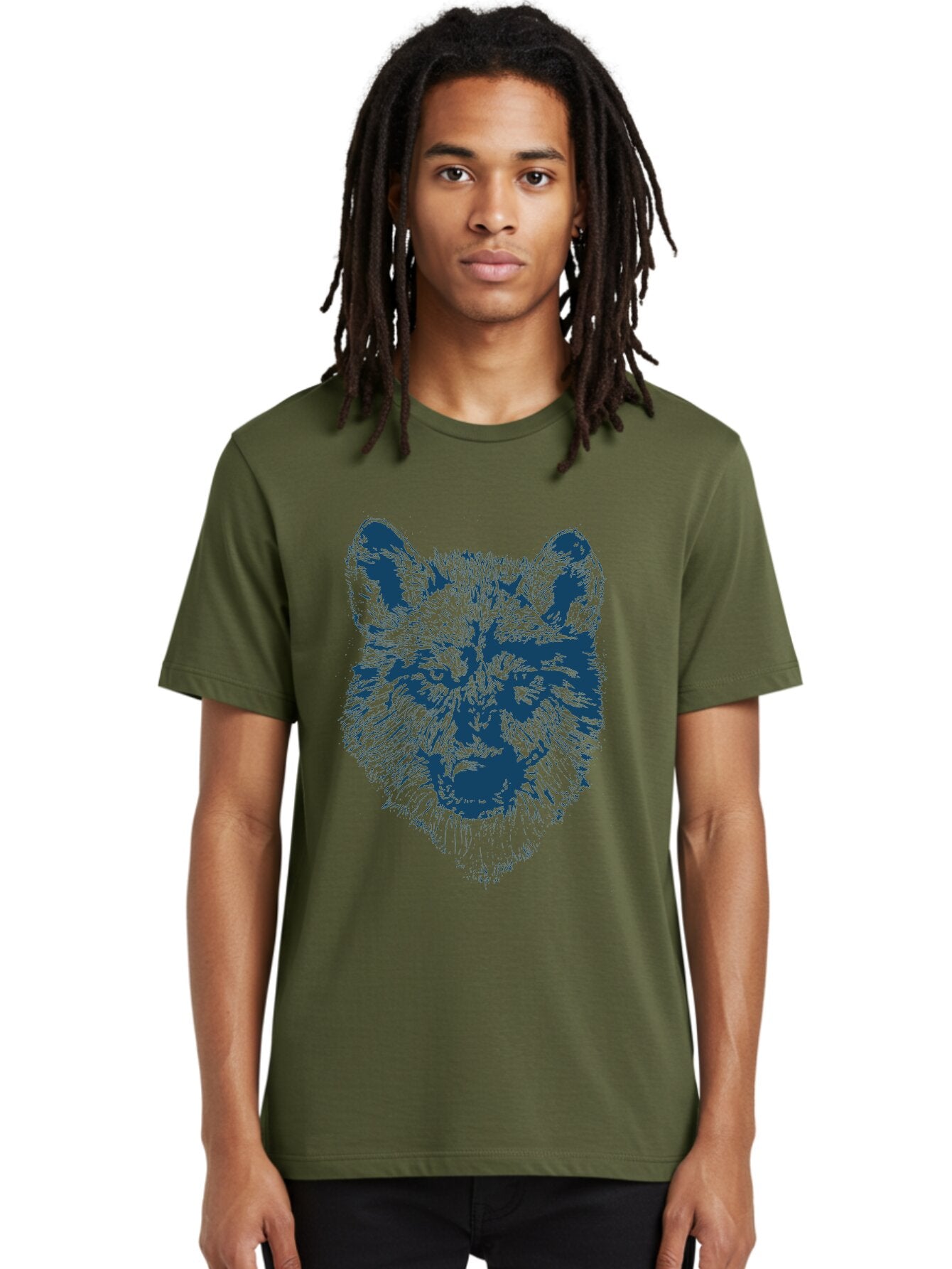 Wolf-Head Men'S Graphic Tee, 100% Cotton, Comfortable Casual Summer Wear, Machine Washable, Wolf Head Illustration, Wildlife Art, Wild Animal Portrait, Sketch Style, Detailed Fur Texture, Intense Gaze, Blue And Green Tones, Graphic Design, Aae860 24