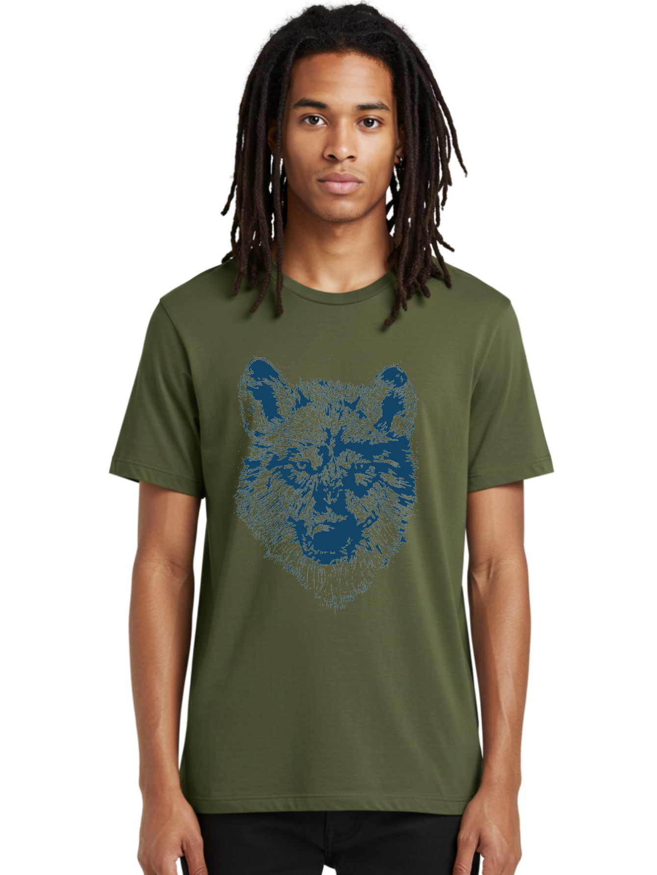 Wolf-Head Men'S Graphic Tee, 100% Cotton, Comfortable Casual Summer Wear, Machine Washable, Wolf Head Illustration, Wildlife Art, Wild Animal Portrait, Sketch Style, Detailed Fur Texture, Intense Gaze, Blue And Green Tones, Graphic Design, Aae860 14