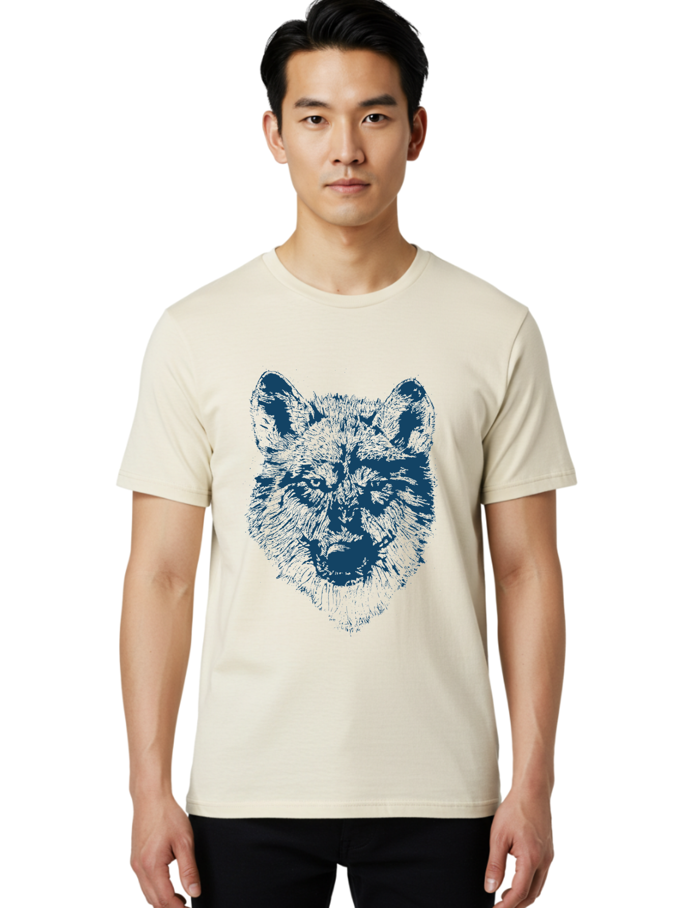 Wolf-Head Men'S Graphic Tee, 100% Cotton, Comfortable Casual Summer Wear, Machine Washable, Wolf Head Illustration, Wildlife Art, Wild Animal Portrait, Sketch Style, Detailed Fur Texture, Intense Gaze, Blue And Green Tones, Graphic Design, Aae860 12