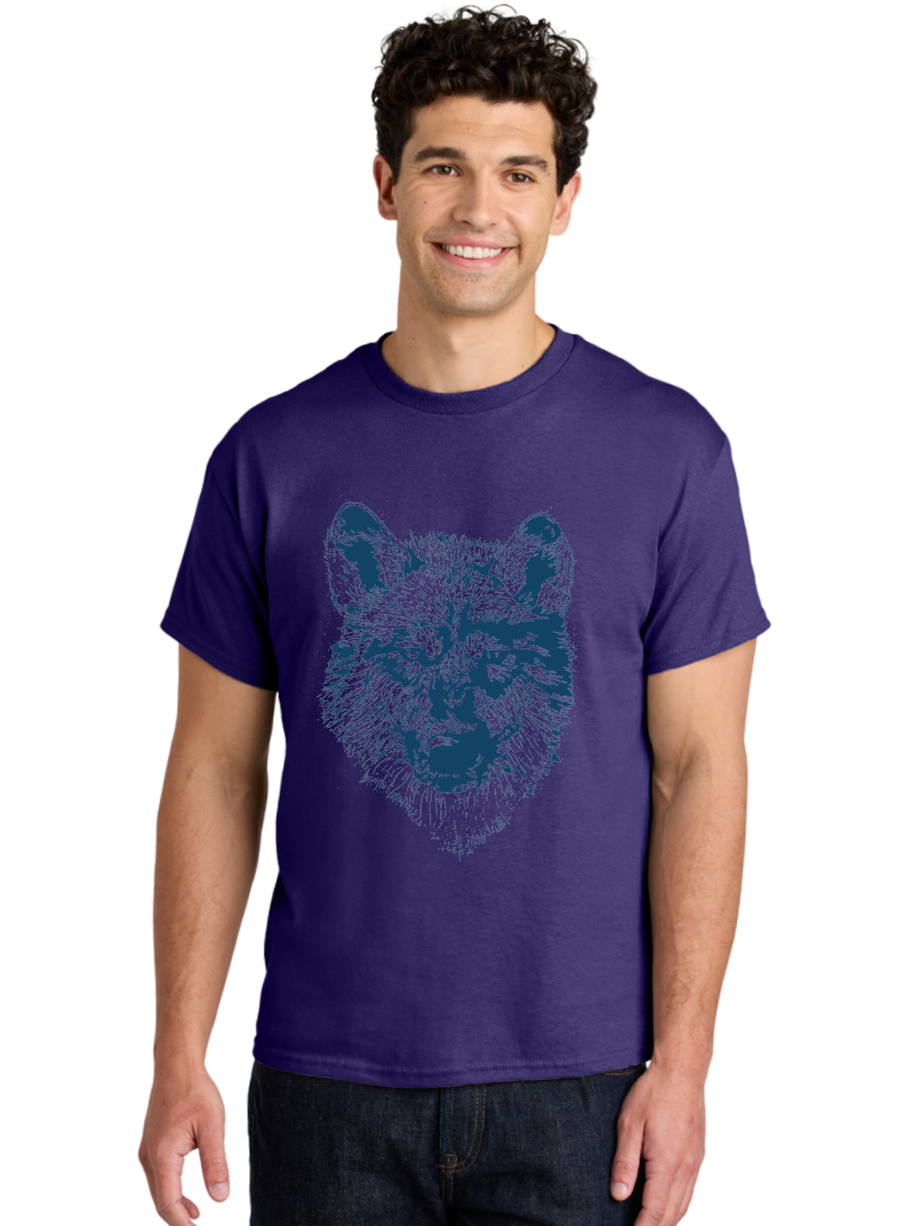 Wolf-Head Men'S Graphic Tee, 100% Cotton, Comfortable Casual Summer Wear, Machine Washable, Wolf Head Illustration, Wildlife Art, Wild Animal Portrait, Sketch Style, Detailed Fur Texture, Intense Gaze, Blue And Green Tones, Graphic Design, Aae860 16