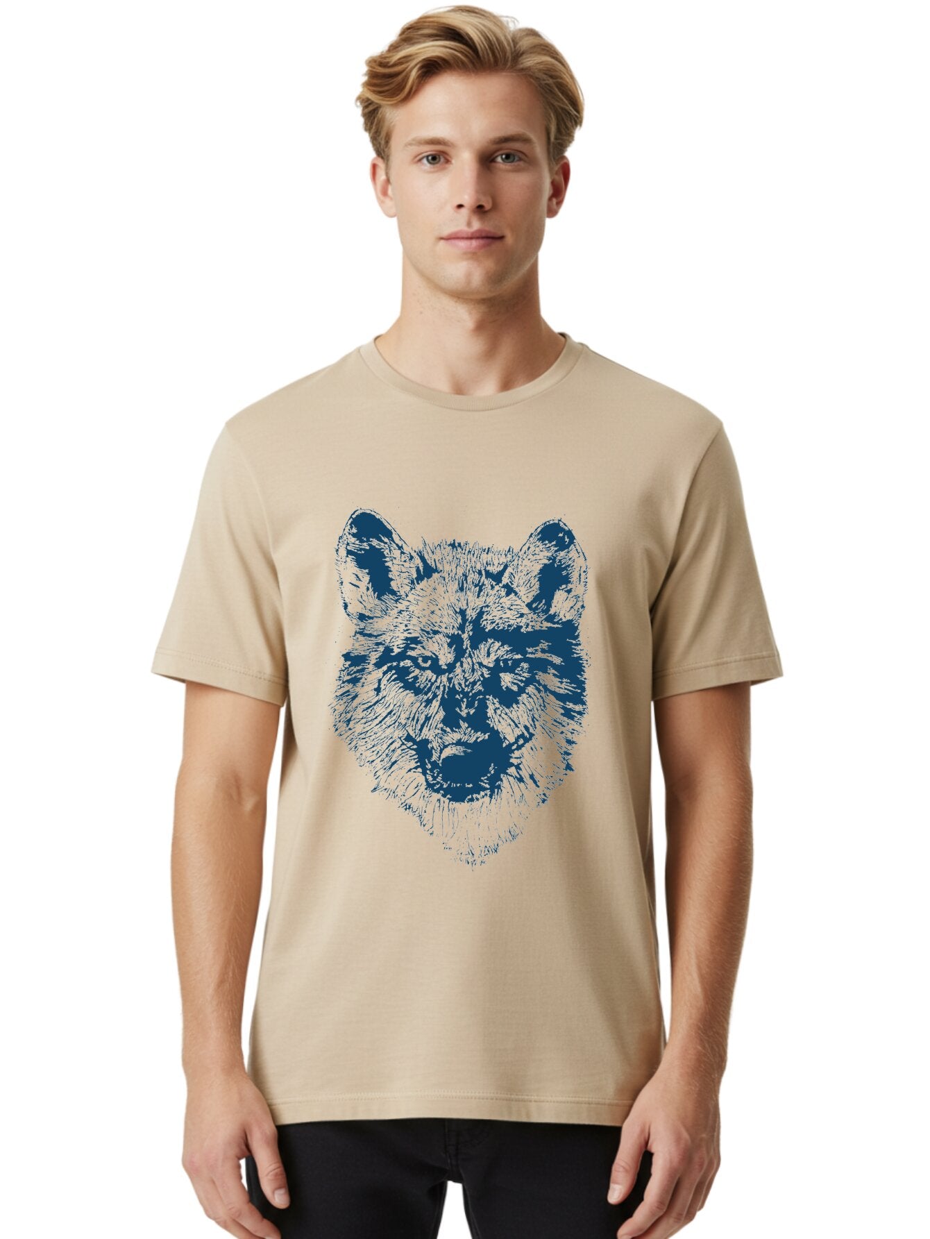 Wolf-Head Men'S Graphic Tee, 100% Cotton, Comfortable Casual Summer Wear, Machine Washable, Wolf Head Illustration, Wildlife Art, Wild Animal Portrait, Sketch Style, Detailed Fur Texture, Intense Gaze, Blue And Green Tones, Graphic Design, Aae860 26