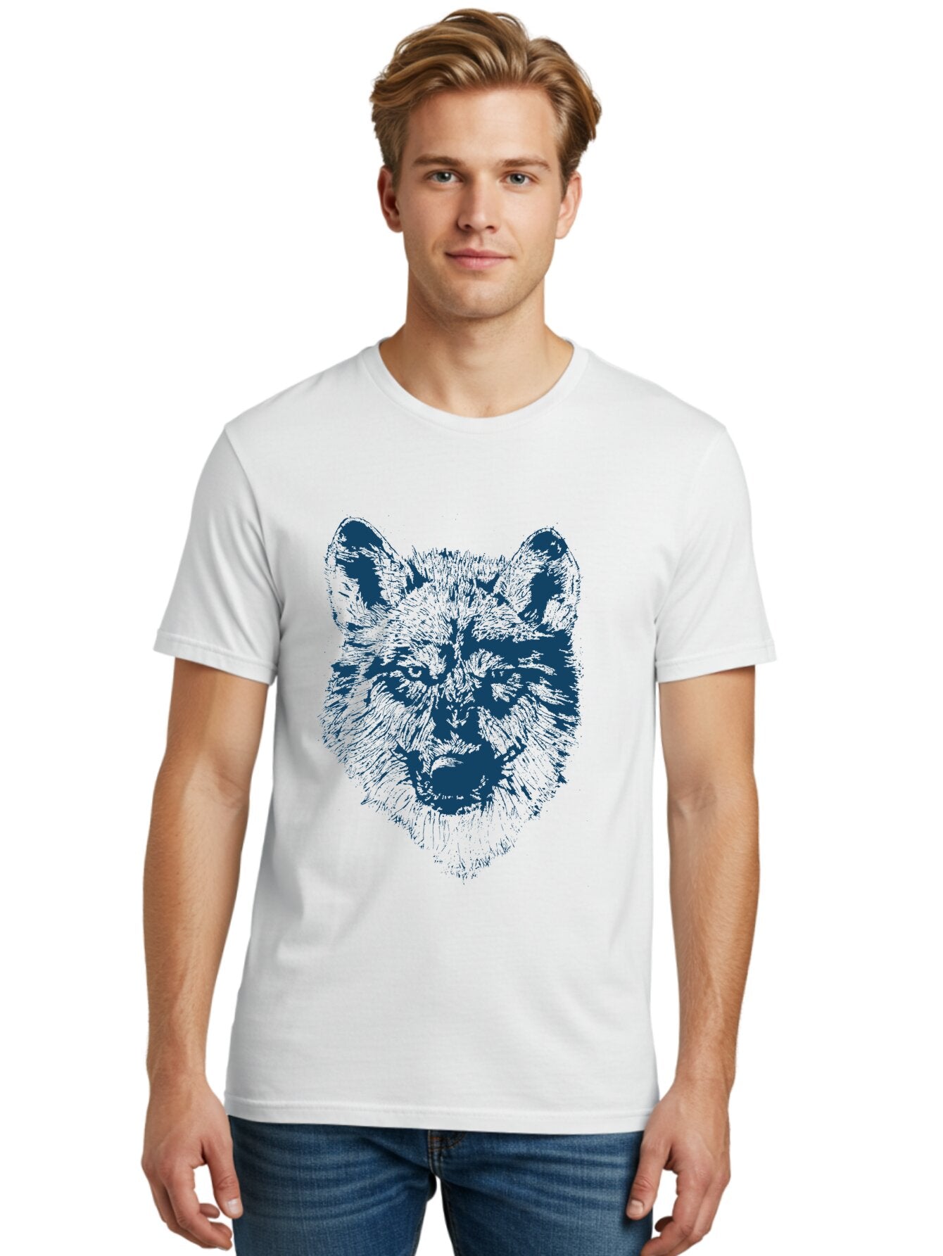 Wolf-Head Men'S Graphic Tee, 100% Cotton, Comfortable Casual Summer Wear, Machine Washable, Wolf Head Illustration, Wildlife Art, Wild Animal Portrait, Sketch Style, Detailed Fur Texture, Intense Gaze, Blue And Green Tones, Graphic Design, Aae860 28