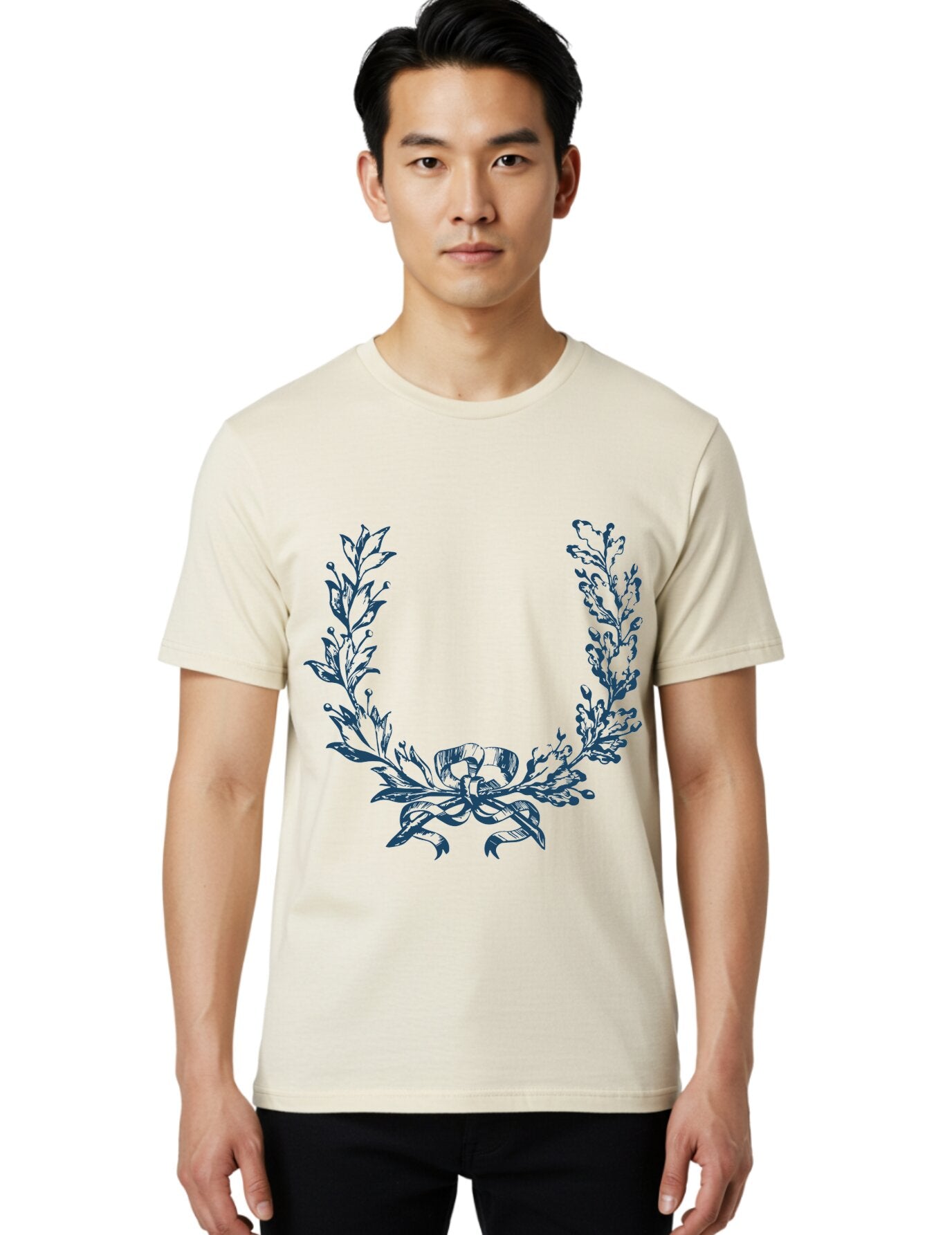 Wreath-Flower Men'S Graphic Tee, 100% Cotton, Comfortable Casual Summer Wear, Machine Washable, Laurel Wreath, Purple Leaves, Decorative Border, Elegant Design, Symbolic Motif, Leaves Tied With Ribbon, Classic Illustration, Award Symbol Aae869 25