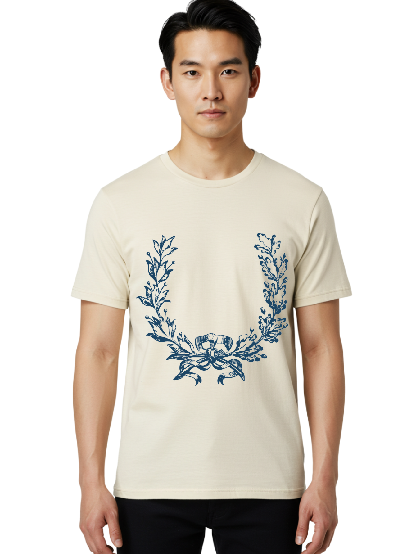 Wreath-Flower Men'S Graphic Tee, 100% Cotton, Comfortable Casual Summer Wear, Machine Washable, Laurel Wreath, Purple Leaves, Decorative Border, Elegant Design, Symbolic Motif, Leaves Tied With Ribbon, Classic Illustration, Award Symbol Aae869 12