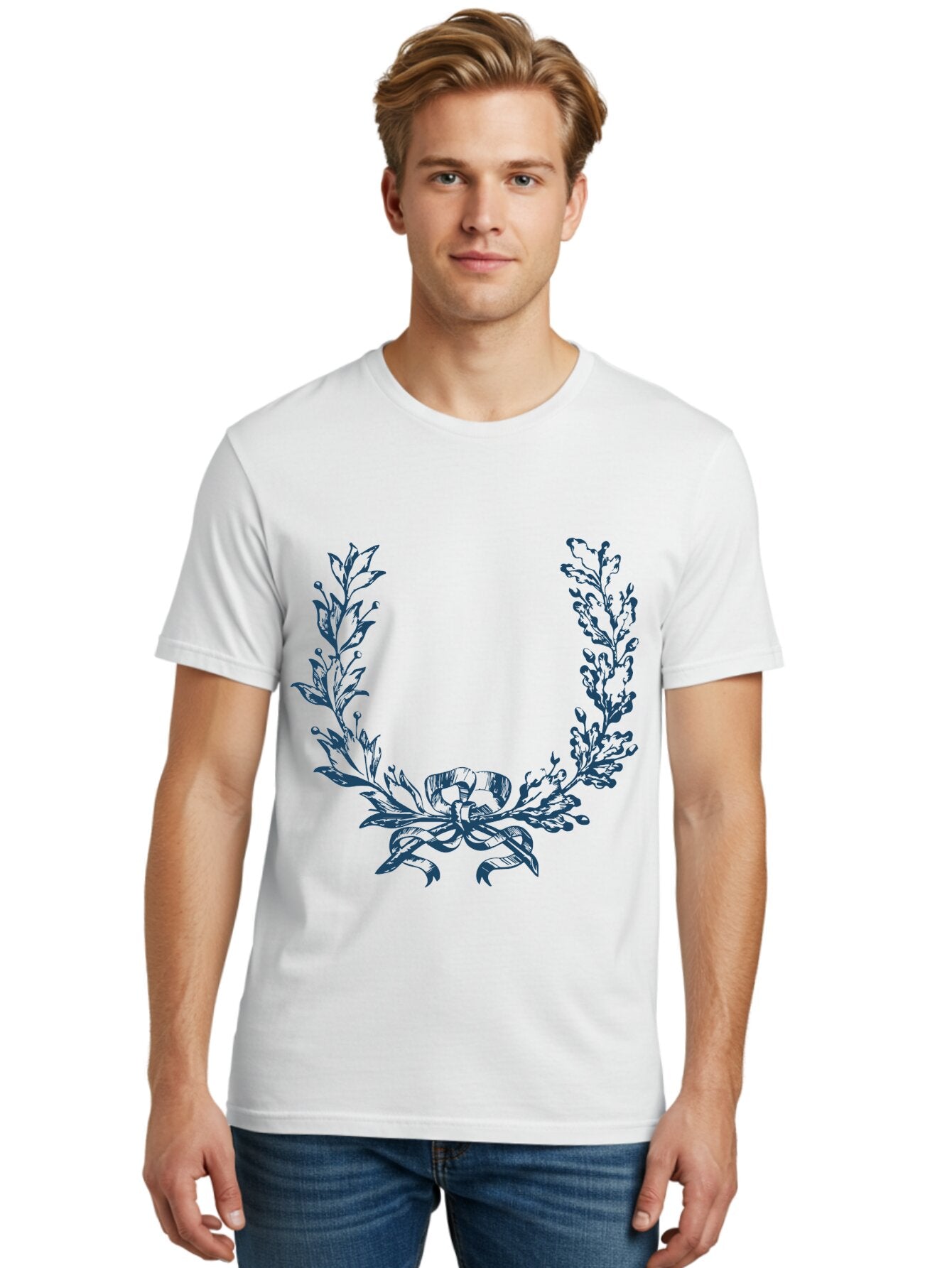Wreath-Flower Men'S Graphic Tee, 100% Cotton, Comfortable Casual Summer Wear, Machine Washable, Laurel Wreath, Purple Leaves, Decorative Border, Elegant Design, Symbolic Motif, Leaves Tied With Ribbon, Classic Illustration, Award Symbol Aae869 28
