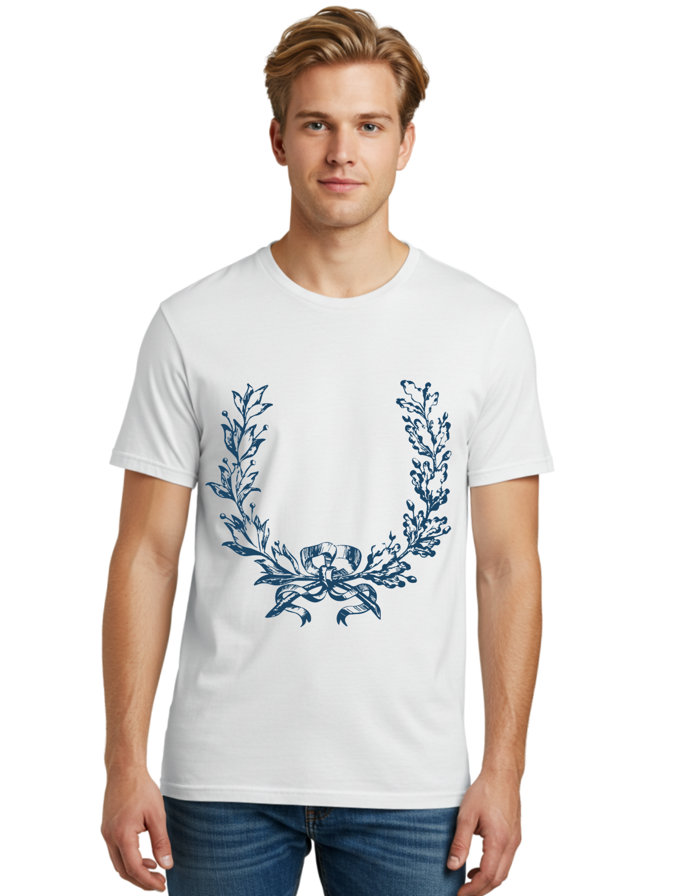 Wreath-Flower Men'S Graphic Tee, 100% Cotton, Comfortable Casual Summer Wear, Machine Washable, Laurel Wreath, Purple Leaves, Decorative Border, Elegant Design, Symbolic Motif, Leaves Tied With Ribbon, Classic Illustration, Award Symbol Aae869 6