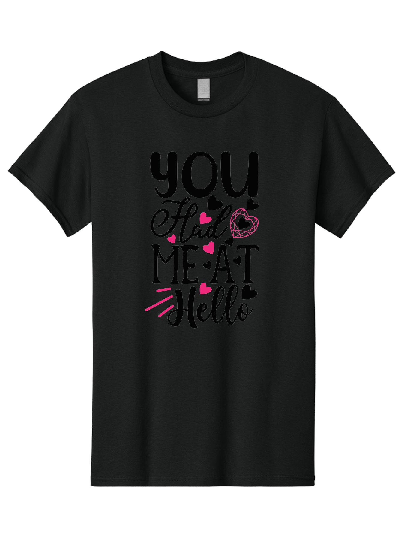 You Had Me At Hello Men'S Graphic Tee, 100% Cotton, Comfortable Casual Summer Wear, Machine Washable, Love Quote, Romantic Phrase, Hearts Design, Cursive Text, Pink Hearts, Black Font, Hello Message, Valentine'S Day Gift, Cute Typography, Aae875 19