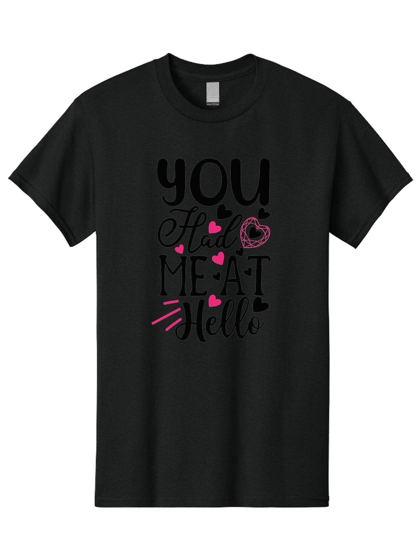 You Had Me At Hello Men'S Graphic Tee, 100% Cotton, Comfortable Casual Summer Wear, Machine Washable, Love Quote, Romantic Phrase, Hearts Design, Cursive Text, Pink Hearts, Black Font, Hello Message, Valentine'S Day Gift, Cute Typography, Aae875