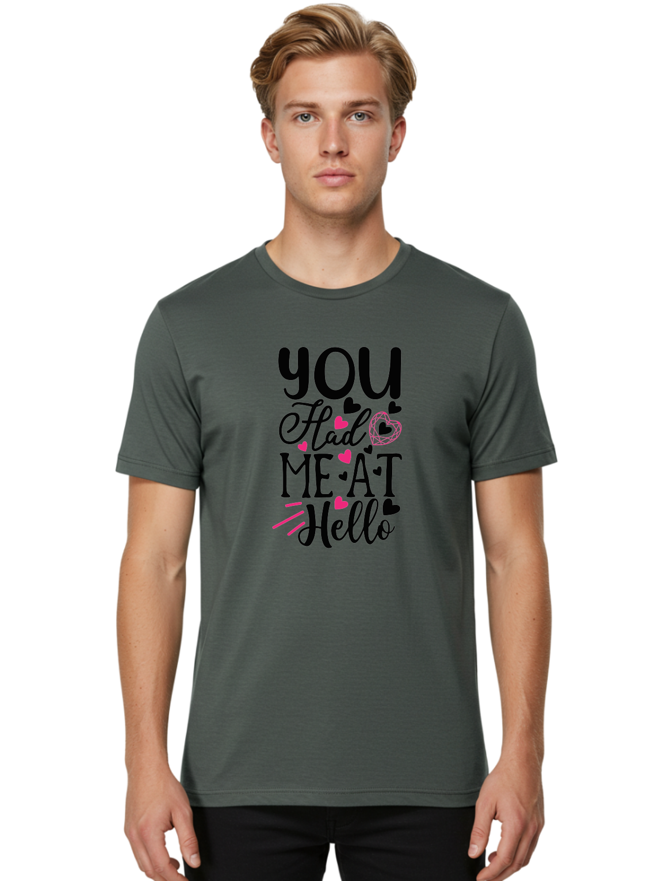 You Had Me At Hello Men'S Graphic Tee, 100% Cotton, Comfortable Casual Summer Wear, Machine Washable, Love Quote, Romantic Phrase, Hearts Design, Cursive Text, Pink Hearts, Black Font, Hello Message, Valentine'S Day Gift, Cute Typography, Aae875 10