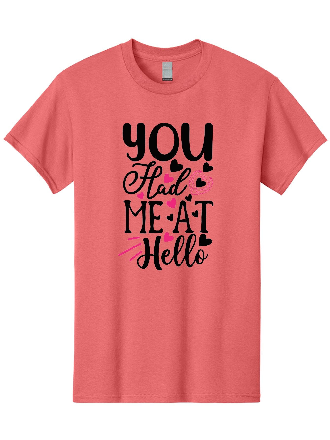 You Had Me At Hello Men'S Graphic Tee, 100% Cotton, Comfortable Casual Summer Wear, Machine Washable, Love Quote, Romantic Phrase, Hearts Design, Cursive Text, Pink Hearts, Black Font, Hello Message, Valentine'S Day Gift, Cute Typography, Aae875 5