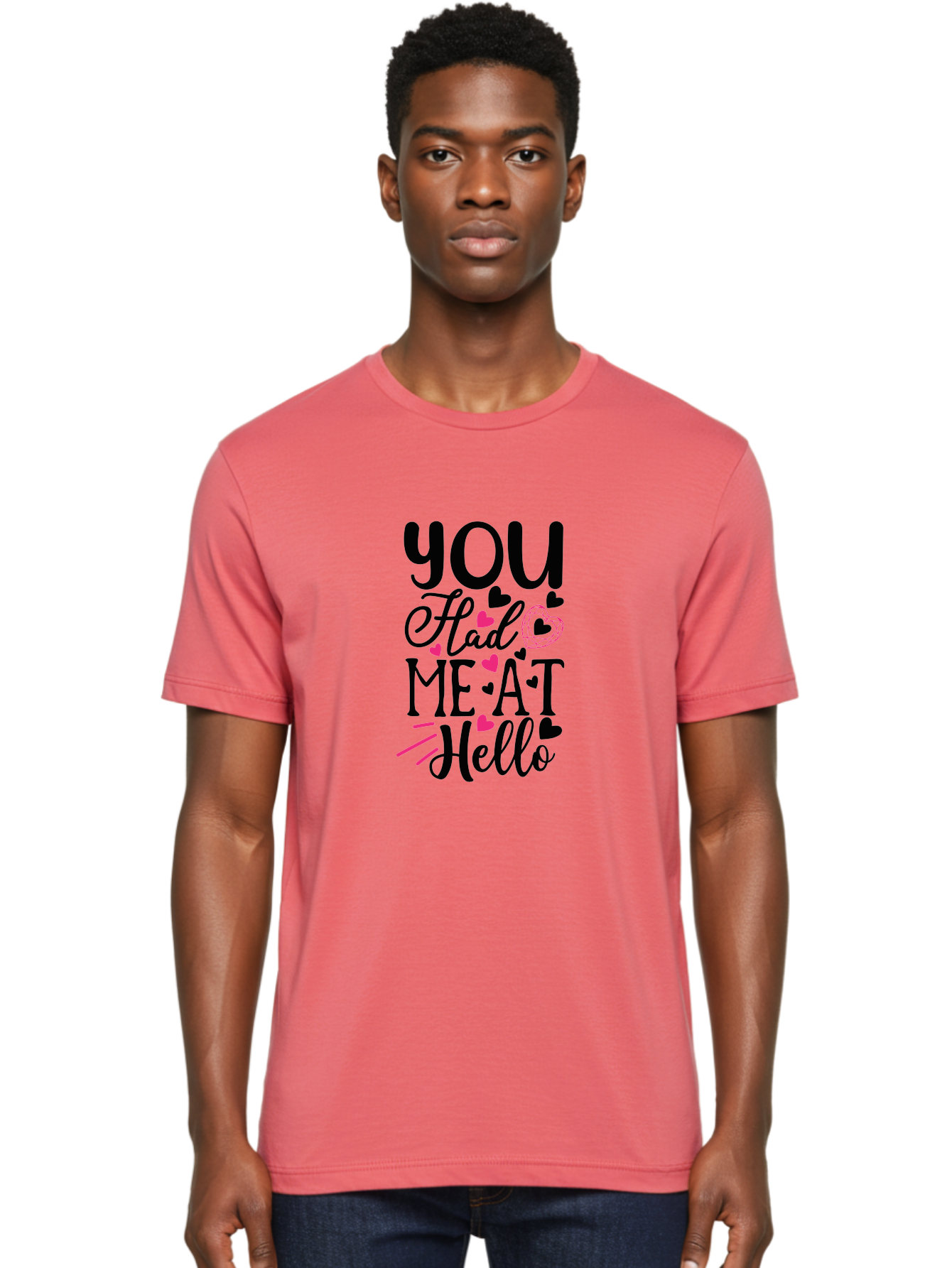 You Had Me At Hello Men'S Graphic Tee, 100% Cotton, Comfortable Casual Summer Wear, Machine Washable, Love Quote, Romantic Phrase, Hearts Design, Cursive Text, Pink Hearts, Black Font, Hello Message, Valentine'S Day Gift, Cute Typography, Aae875 16