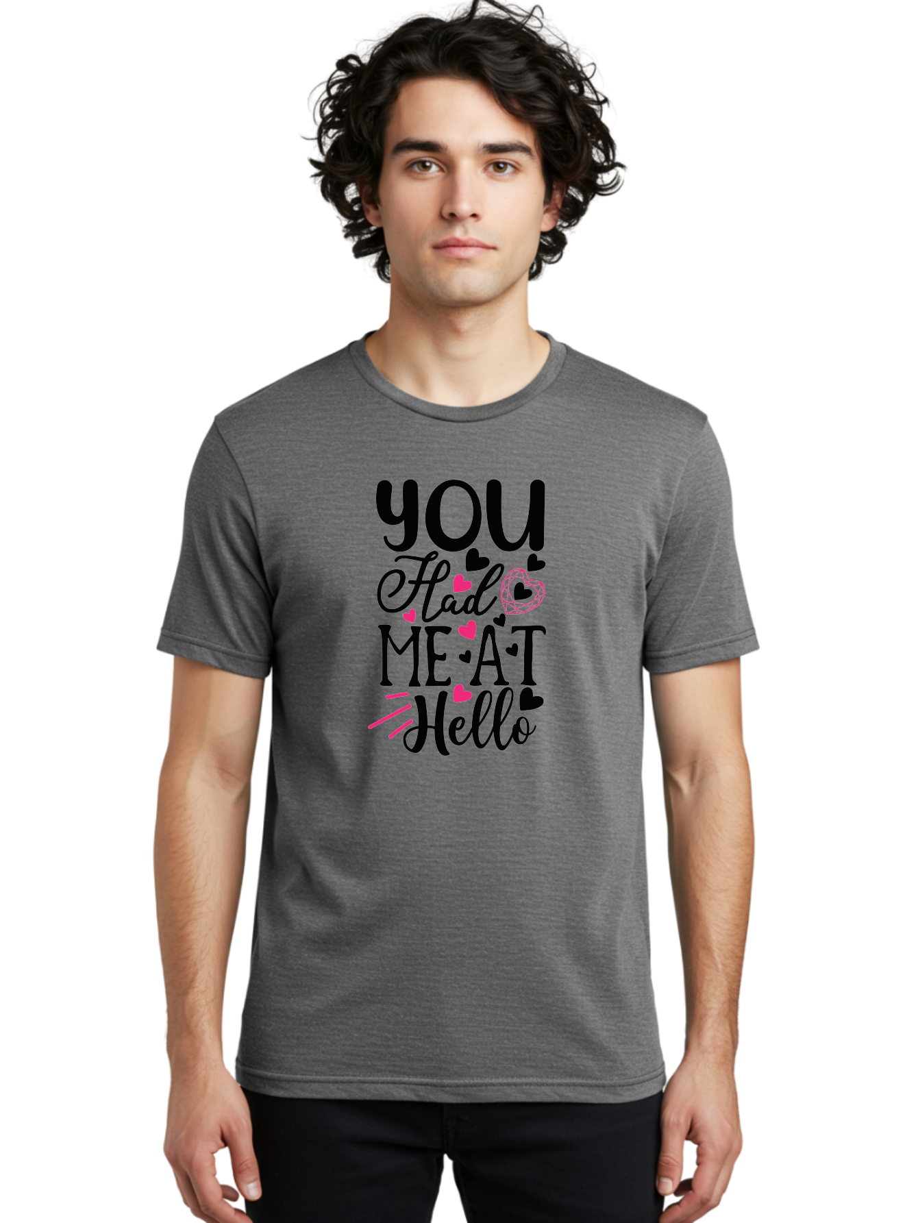 You Had Me At Hello Men'S Graphic Tee, 100% Cotton, Comfortable Casual Summer Wear, Machine Washable, Love Quote, Romantic Phrase, Hearts Design, Cursive Text, Pink Hearts, Black Font, Hello Message, Valentine'S Day Gift, Cute Typography, Aae875 28