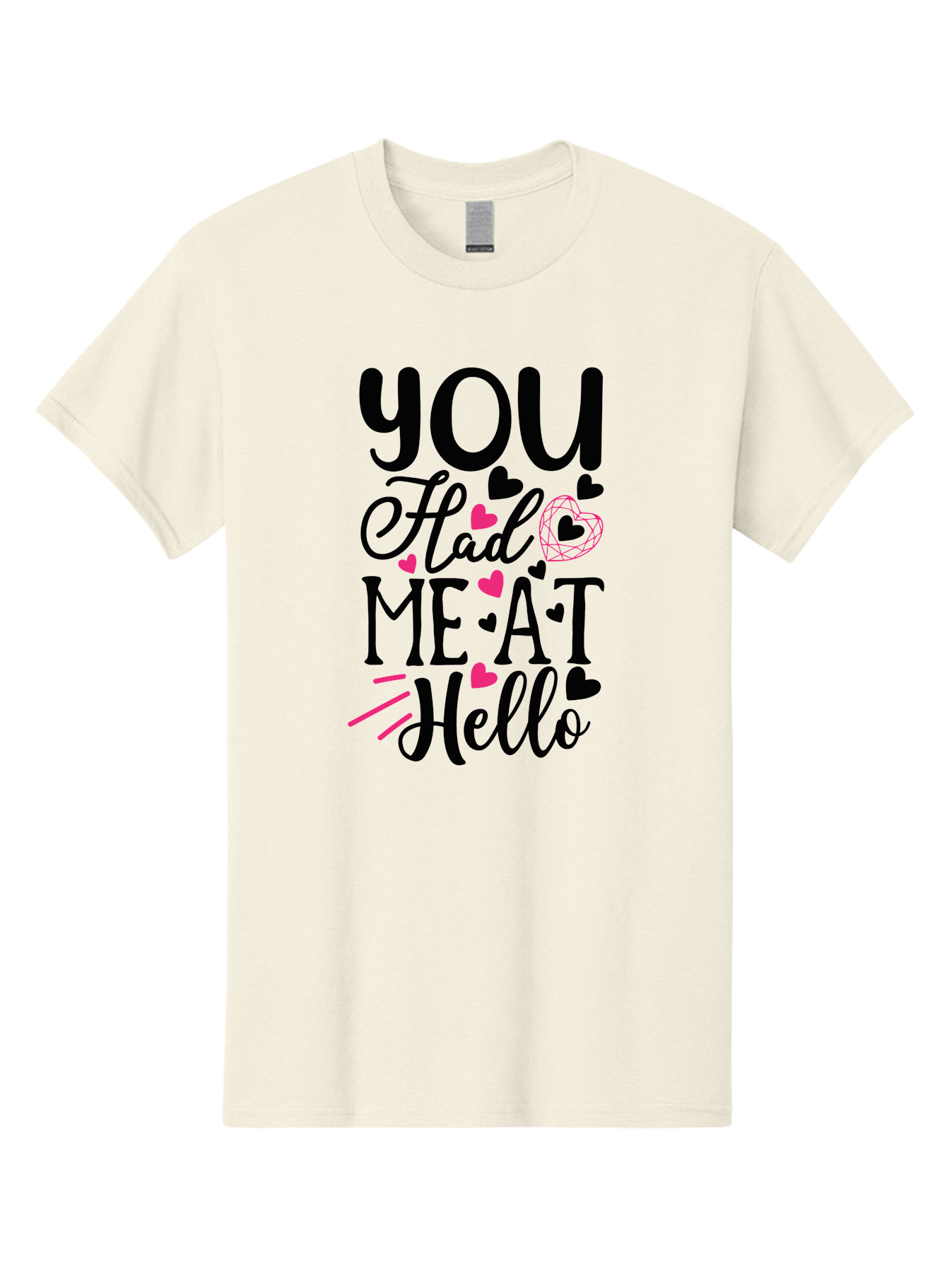 You Had Me At Hello Men'S Graphic Tee, 100% Cotton, Comfortable Casual Summer Wear, Machine Washable, Love Quote, Romantic Phrase, Hearts Design, Cursive Text, Pink Hearts, Black Font, Hello Message, Valentine'S Day Gift, Cute Typography, Aae875 25