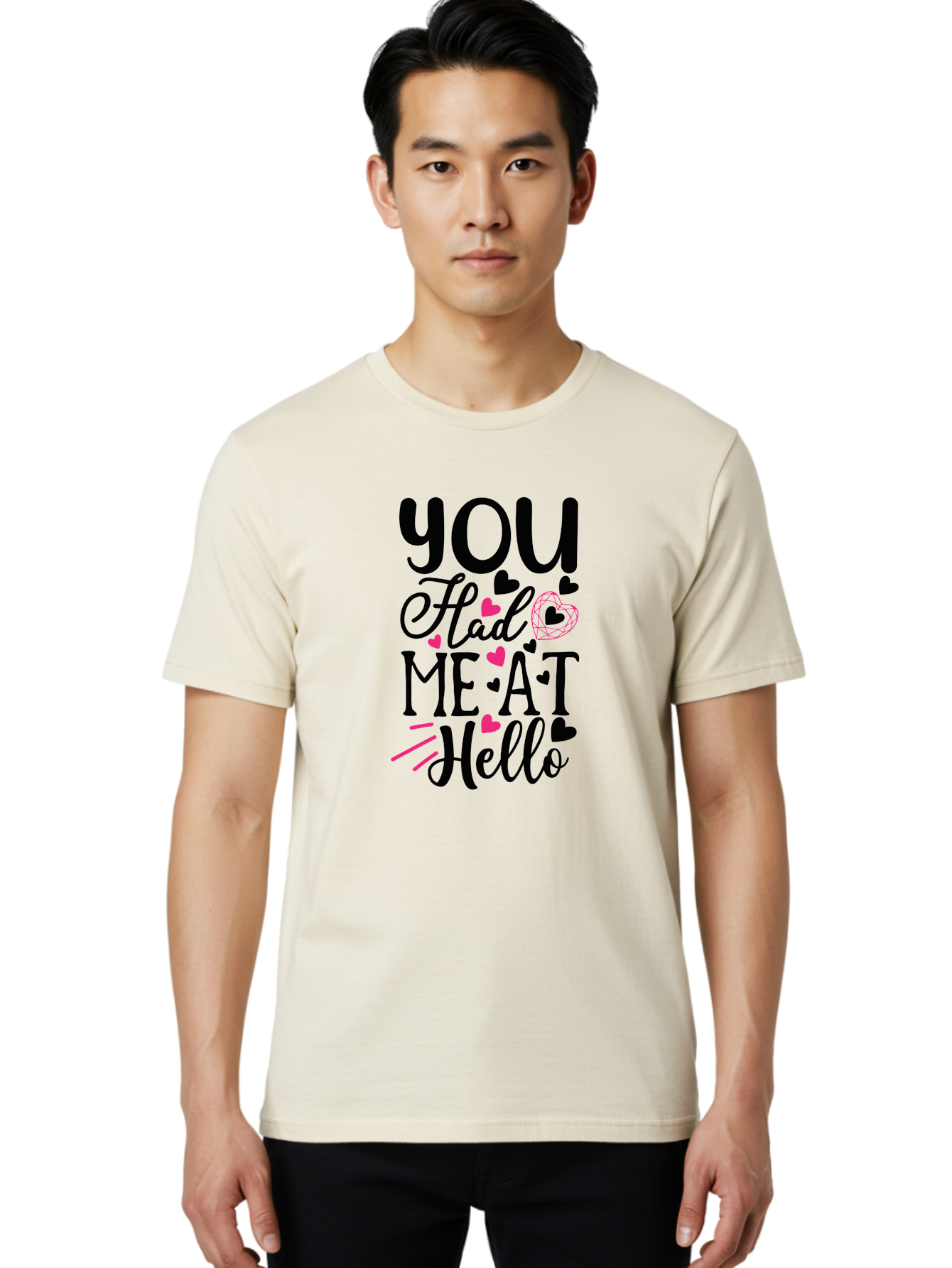 You Had Me At Hello Men'S Graphic Tee, 100% Cotton, Comfortable Casual Summer Wear, Machine Washable, Love Quote, Romantic Phrase, Hearts Design, Cursive Text, Pink Hearts, Black Font, Hello Message, Valentine'S Day Gift, Cute Typography, Aae875 26